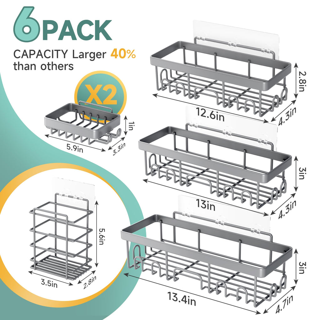 Veken Shower Caddy 6-Pack, Advanced Rustproof Design, No Drilling Adhesive Shelves, Rack with Soap Holder, Large Capacity Bathroom Organizers and Storage, Wall-Mounted Kitchen & Home Decor