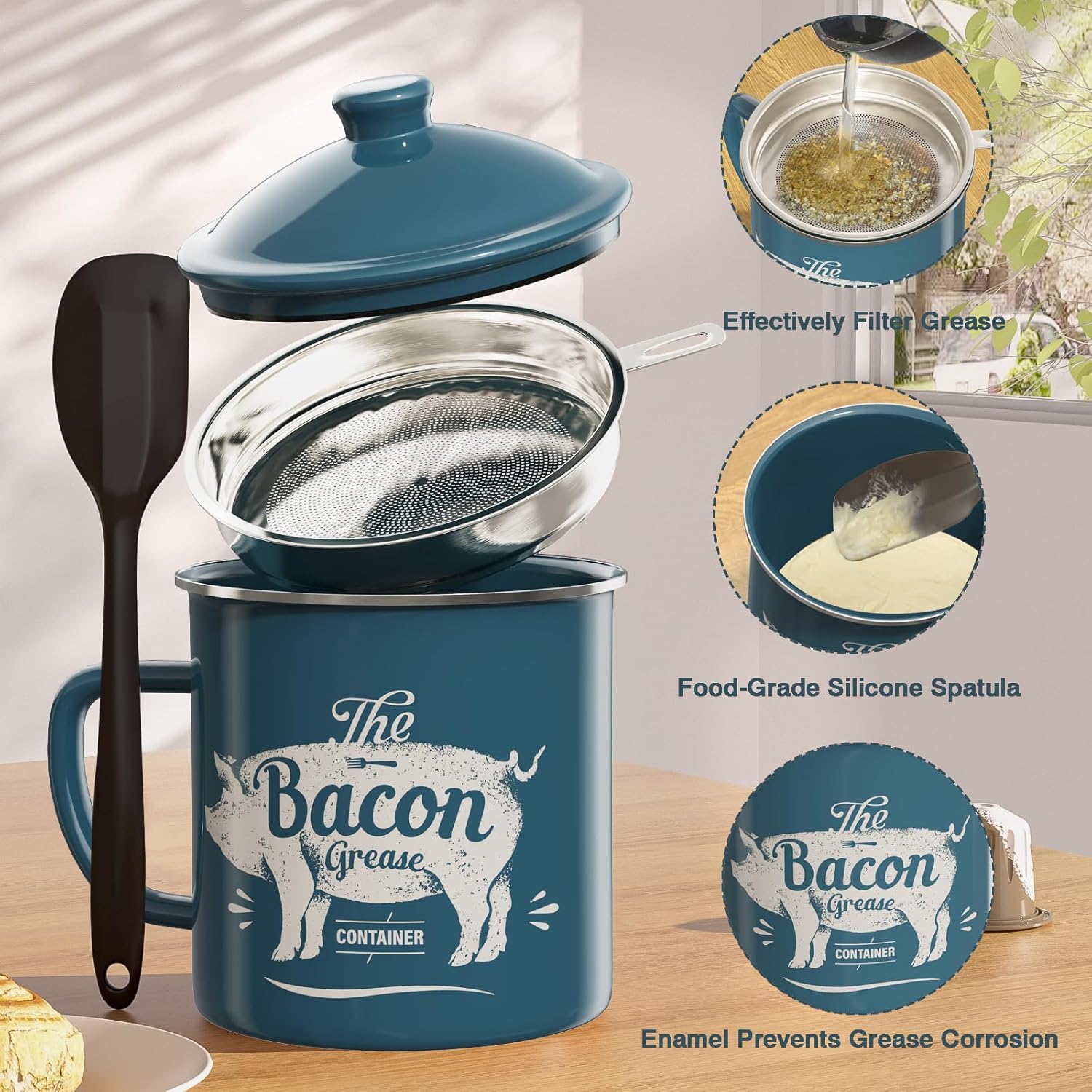 Blue Meat Chopper and Blue 46OZ Bacon Grease Container