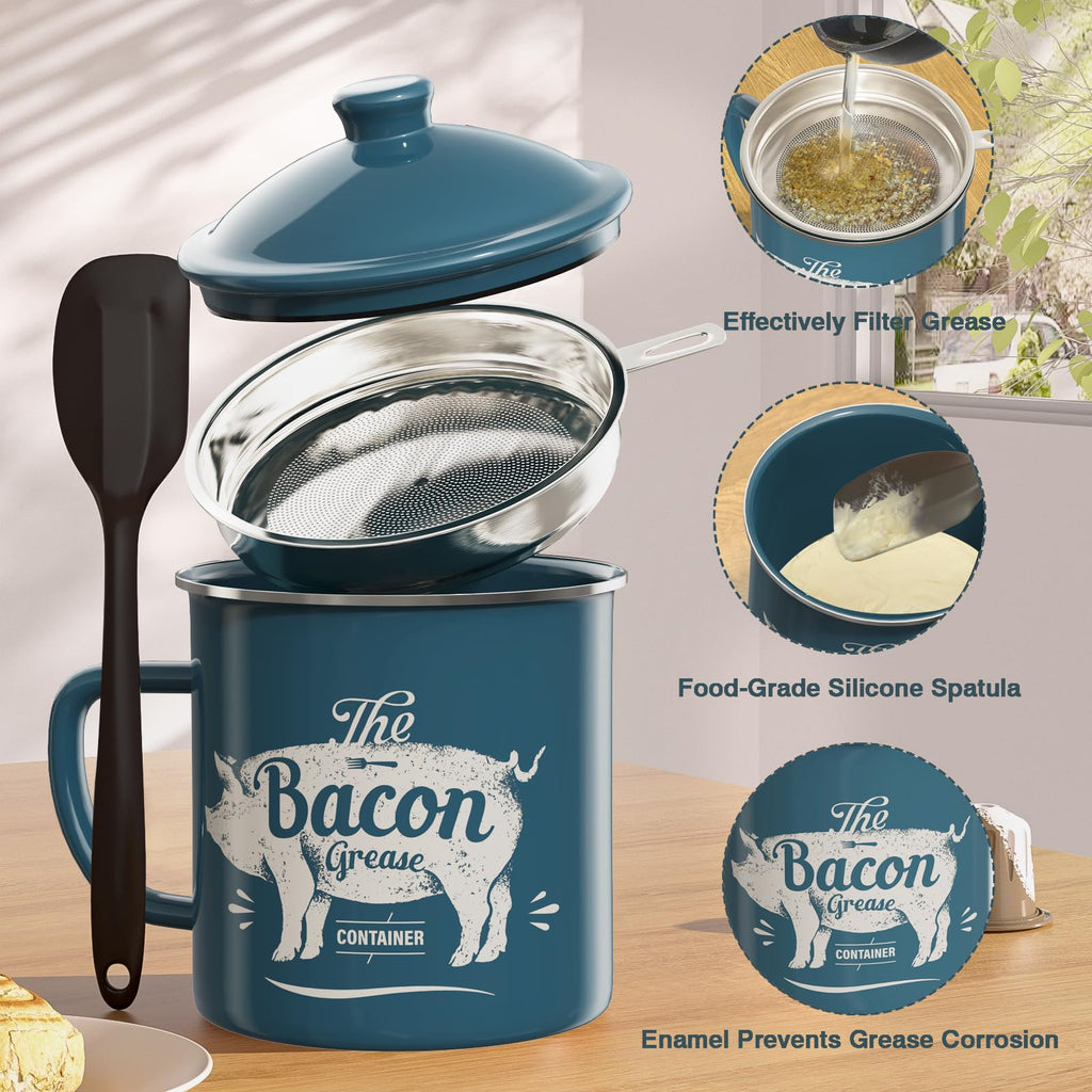 PGYARD Mini Bacon Grease Container With Strainer - 15OZ Enamel Grease Saver, Farmhouse Bacon Grease Keeper For Kitchen Fat Storage, Dishwasher Safe-Red