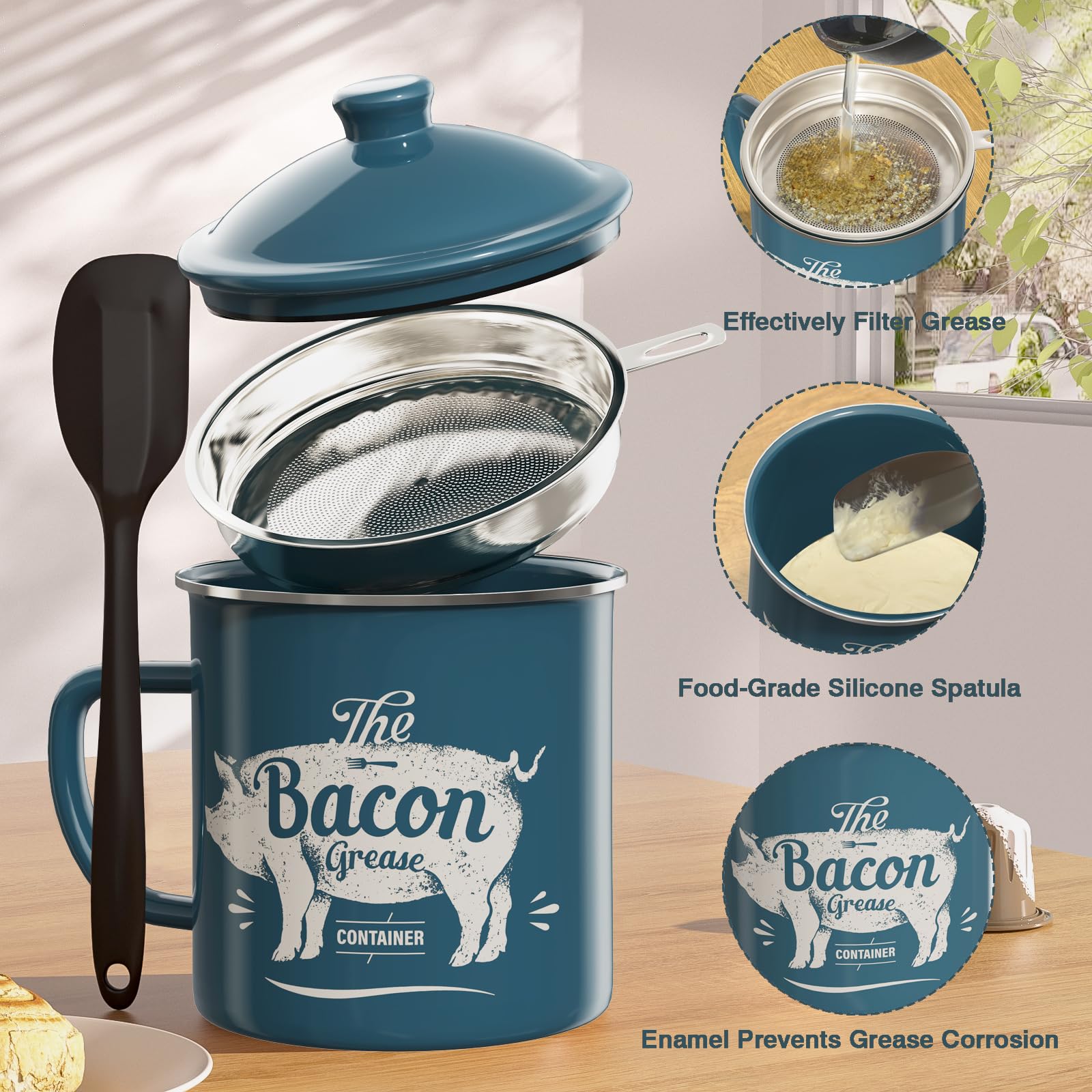 PGYARD Mini Bacon Grease Container With Strainer - 15OZ Enamel Grease Saver, Farmhouse Bacon Grease Keeper For Kitchen Fat Storage, Dishwasher Safe-Red