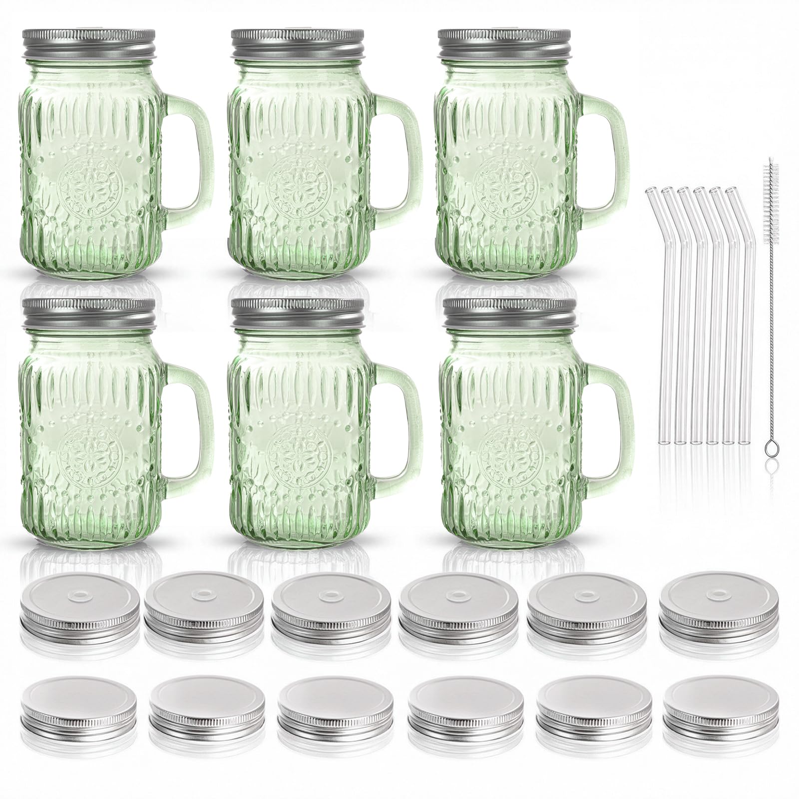 DaYammi Mason Jars with Lids and Straws, 6 Pack 16 Oz Glass Cups for Cold Beverages, Juice, Smoothies, Iced Coffee, Cocktails Leak-Proof Drinking Glasses with Sealed & Straw Lids, Colorful