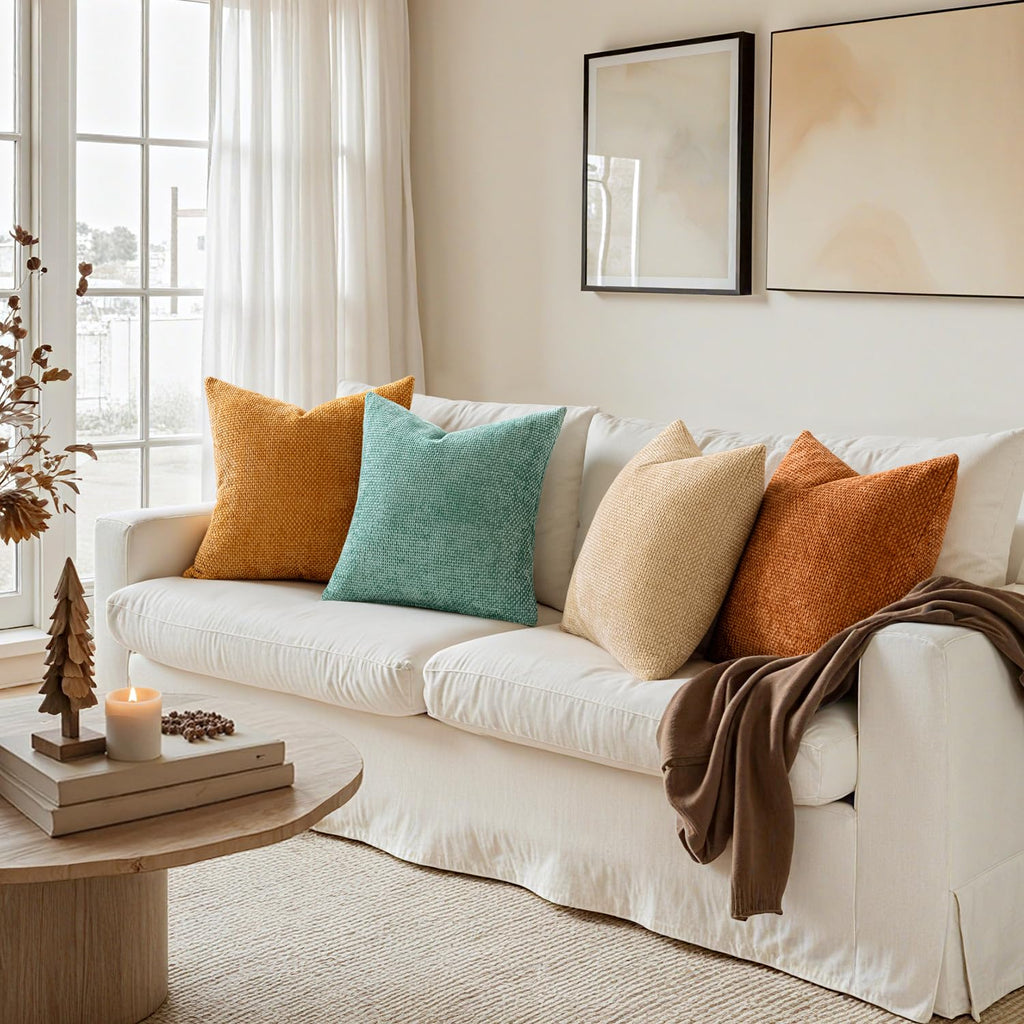 MIULEE Pack of 4 Couch Throw Pillow Covers 18x18 Inch Neutral Blue Soft Decorative Chenille Pillow Covers Farmhouse Accent Cushion Covers for Boho Western Spring Coastal Decor Sofa Bed Living Room