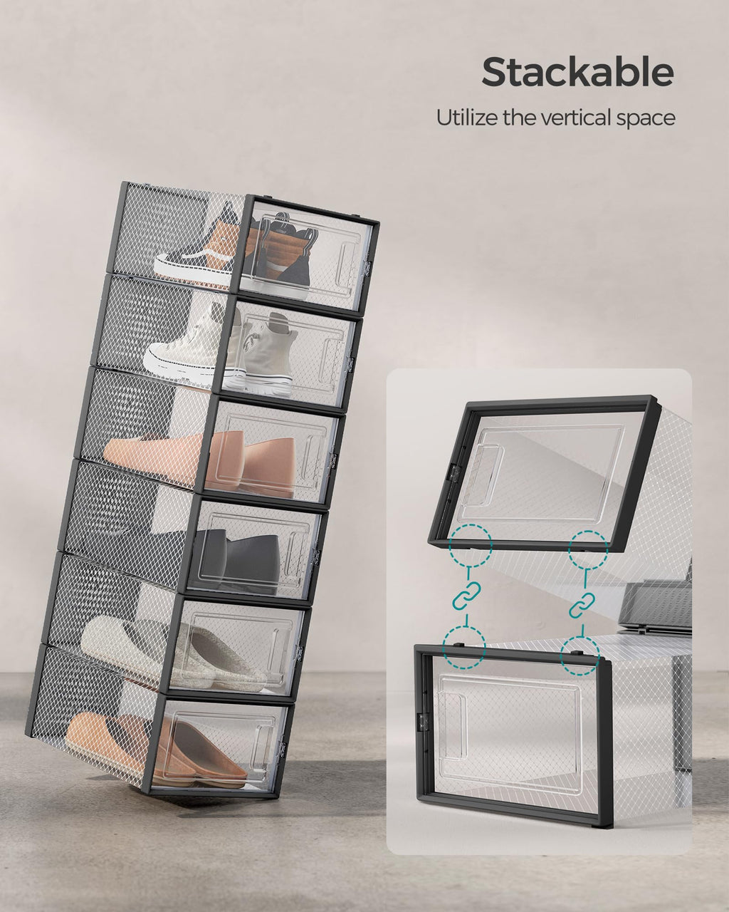 SONGMICS Shoe Boxes, Pack of 12 Shoe Storage Organizers, Stackable Clear Plastic Boxes for Closet, Sneakers, 13.1 x 9.1 x 5.6 Inches, Transparent and White ULSP12SWT