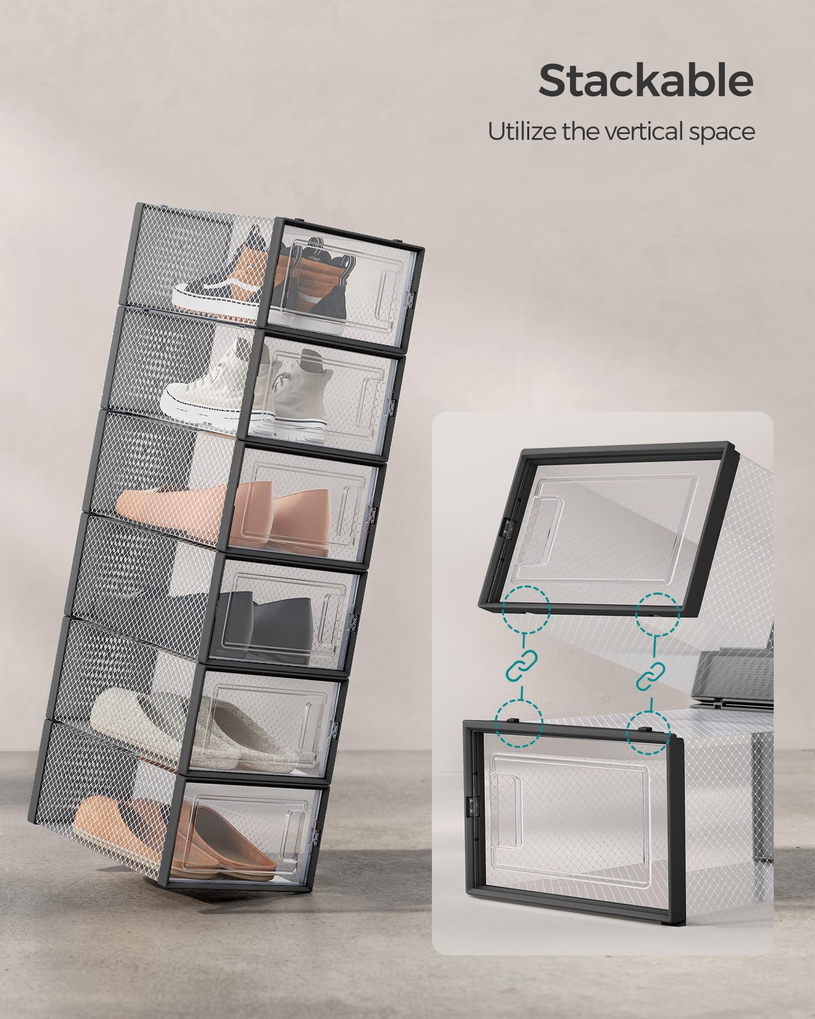 SONGMICS Shoe Boxes, Pack of 12 Shoe Storage Organizers, Stackable Clear Plastic Boxes for Closet, Sneakers, 13.1 x 9.1 x 5.6 Inches, Transparent and White ULSP12SWT