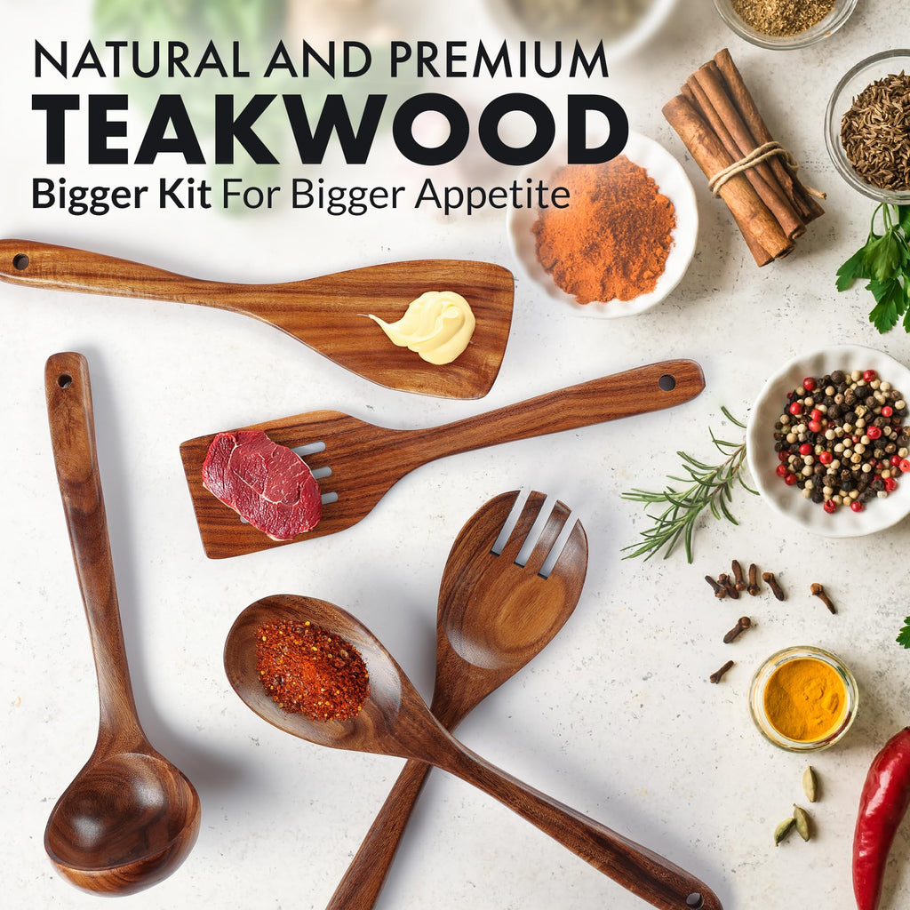 Zulay Kitchen 6 Piece Wooden Spoons for Cooking – Natural Teak Wooden Utensil Set, Easy to Clean, Durable, Smooth with Comfort Grip - Non Toxic Wooden Cooking Utensil Sets