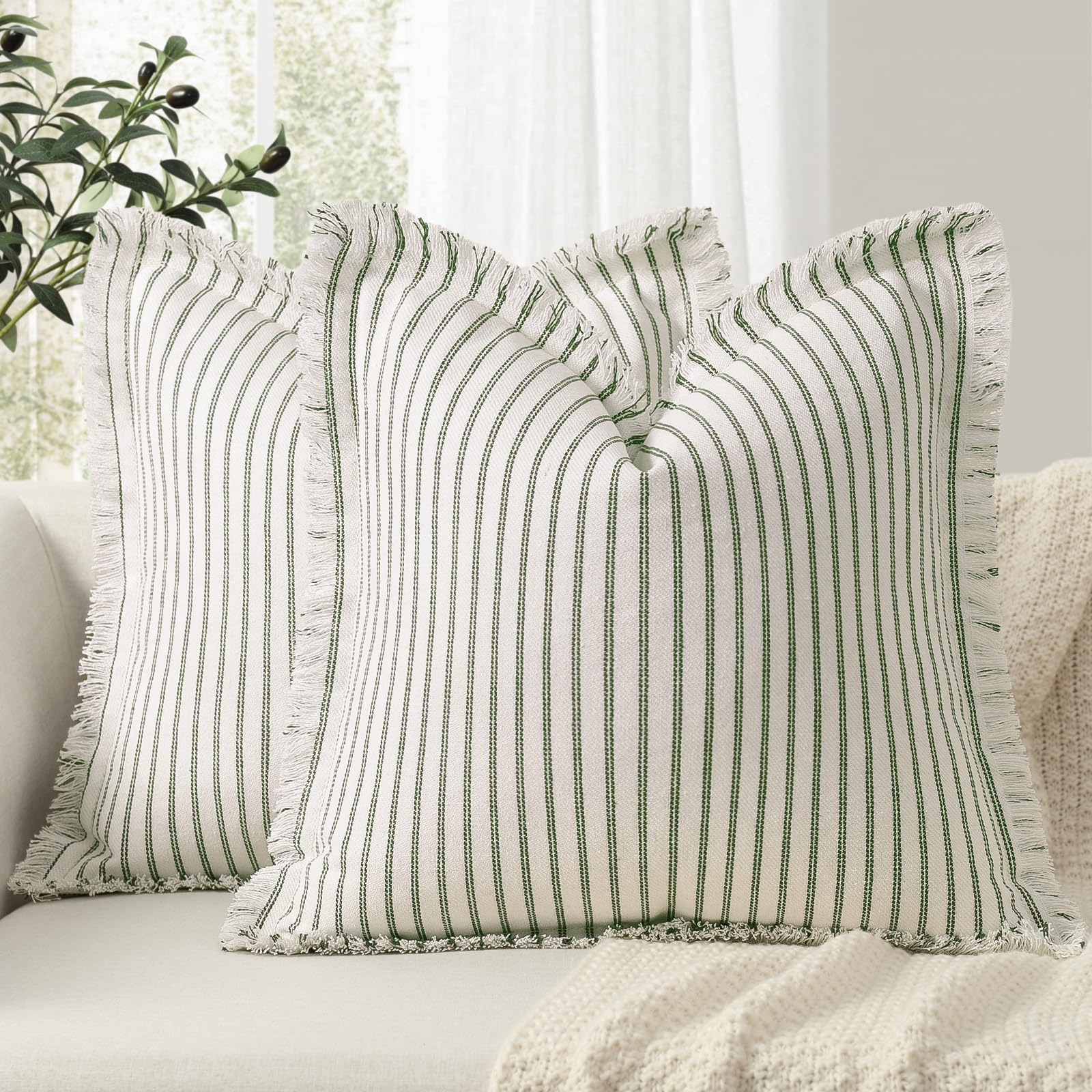 ZWJD Throw Pillow Covers 20x20 Set of 2 Striped Pillow Covers with Fringe Chic Cotton Decorative Pillows Square Cushion Covers for Sofa Couch Bed Living Room Farmhouse Decor, (Gray)