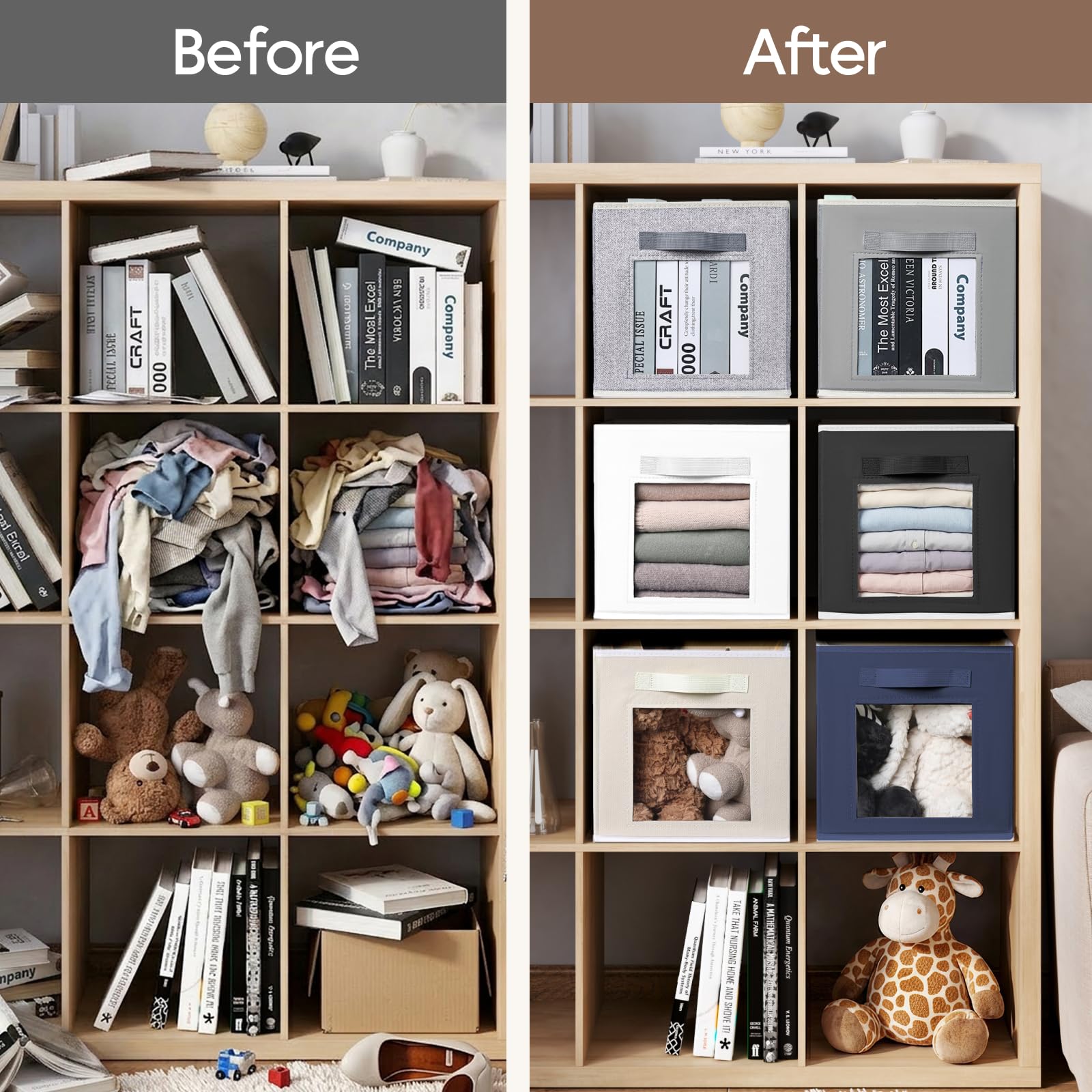 Homsorout Storage Cube 11 Inch - Cube Storage Bins with Window, Closet Storage Baskets with Handle, Fabric Bins for Closet, Shelves, Toys, Clothes, Set of 6, Grey