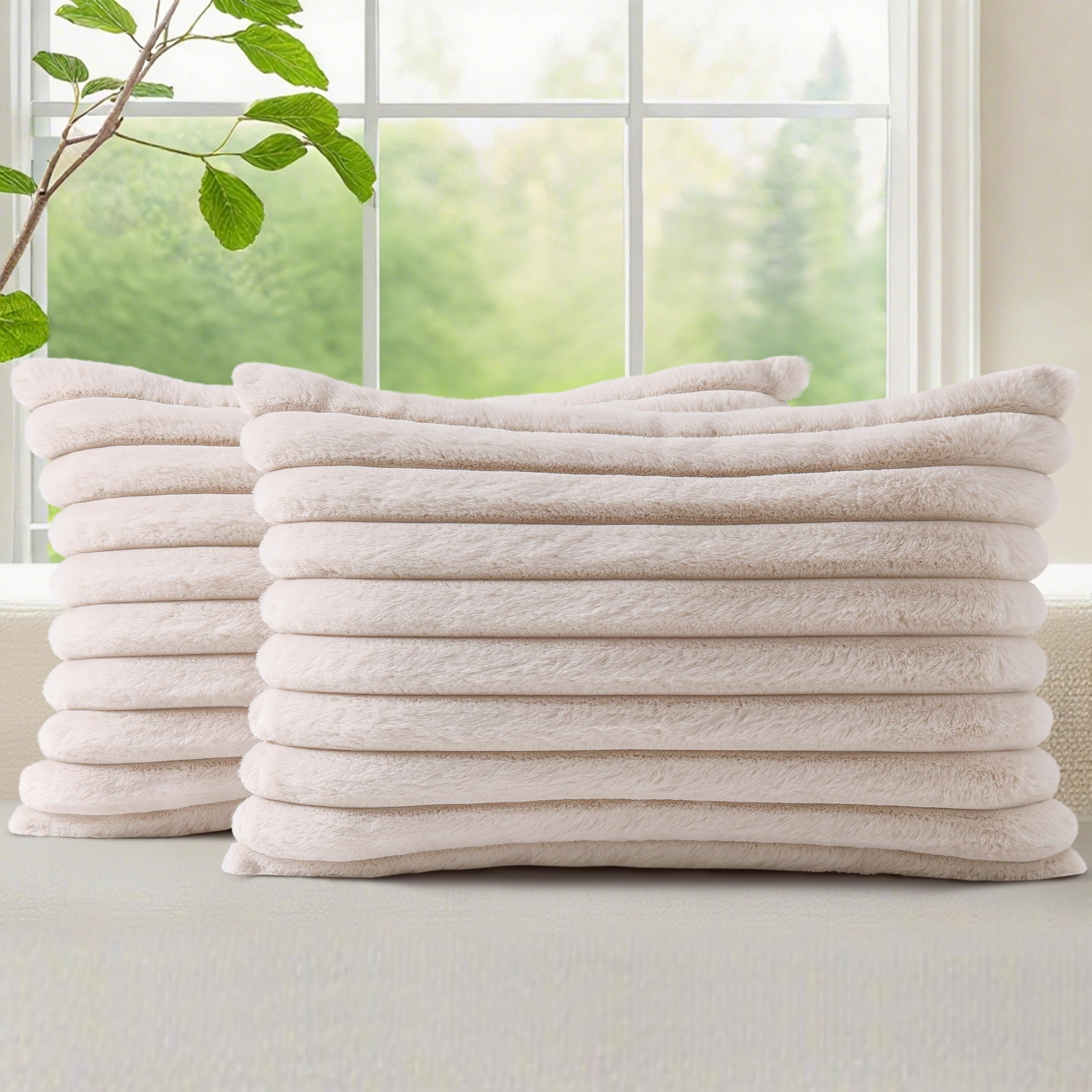 decorUhome Cozy Faux Fur Spring Throw Pillow Covers 18x18 Set of 2 Decorative Soft Plush Striped Modern Farmhouse Boho Couch Pillow Cases with Velvet Back for Sofa Bed Living Room, Cream White