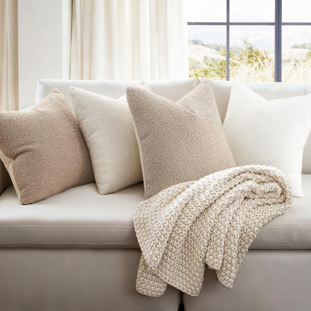 Topfinel Boucle Decorative Pillow Covers 18x18 Inches Set of 4 Neutral Cream Ivory White Pillowcase with Linen Cotton Back Chair Sofa Modern & Minimal Living Room Spring Home Decor