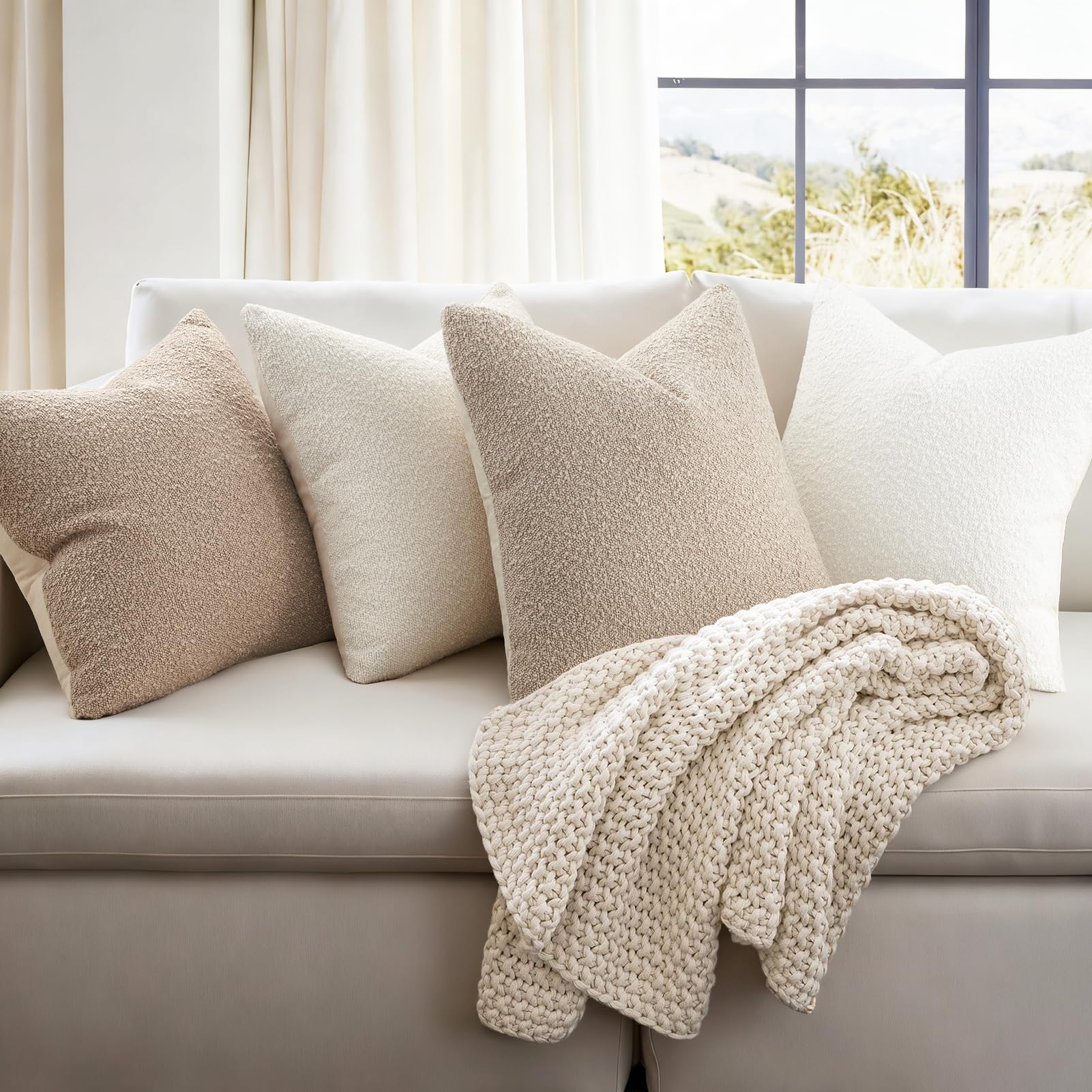 Topfinel Boucle Decorative Pillow Covers 18x18 Inches Set of 4 Neutral Cream Ivory White Pillowcase with Linen Cotton Back Chair Sofa Modern & Minimal Living Room Spring Home Decor
