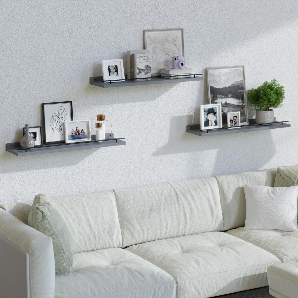 WOPITUES Floating Shelves with Black Metal Guardrail, Shelves for Wall Decor Set of 3, Wall Shelves for Bedroom, Bathroom, Kitchen, Living Room, Plants, Picture Frames, Art- Black