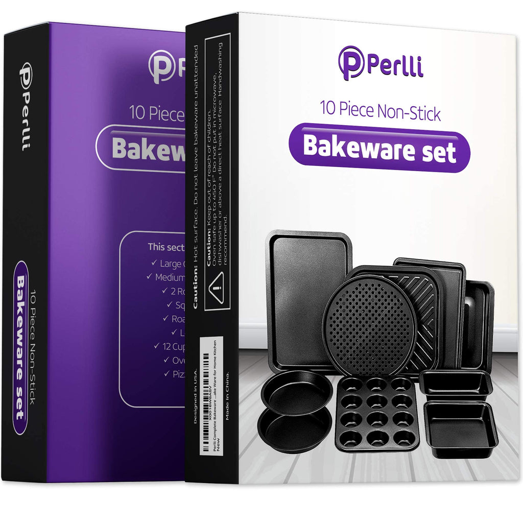 PERLLI Non-Stick 10-Piece Bakeware Set – Carbon Steel with Even Heat Distribution, Oven Safe to 446°F, BPA-Free, Dishwasher Safe, Stackable Baking Tools for Easy Storage and Everyday Cooking - Gray