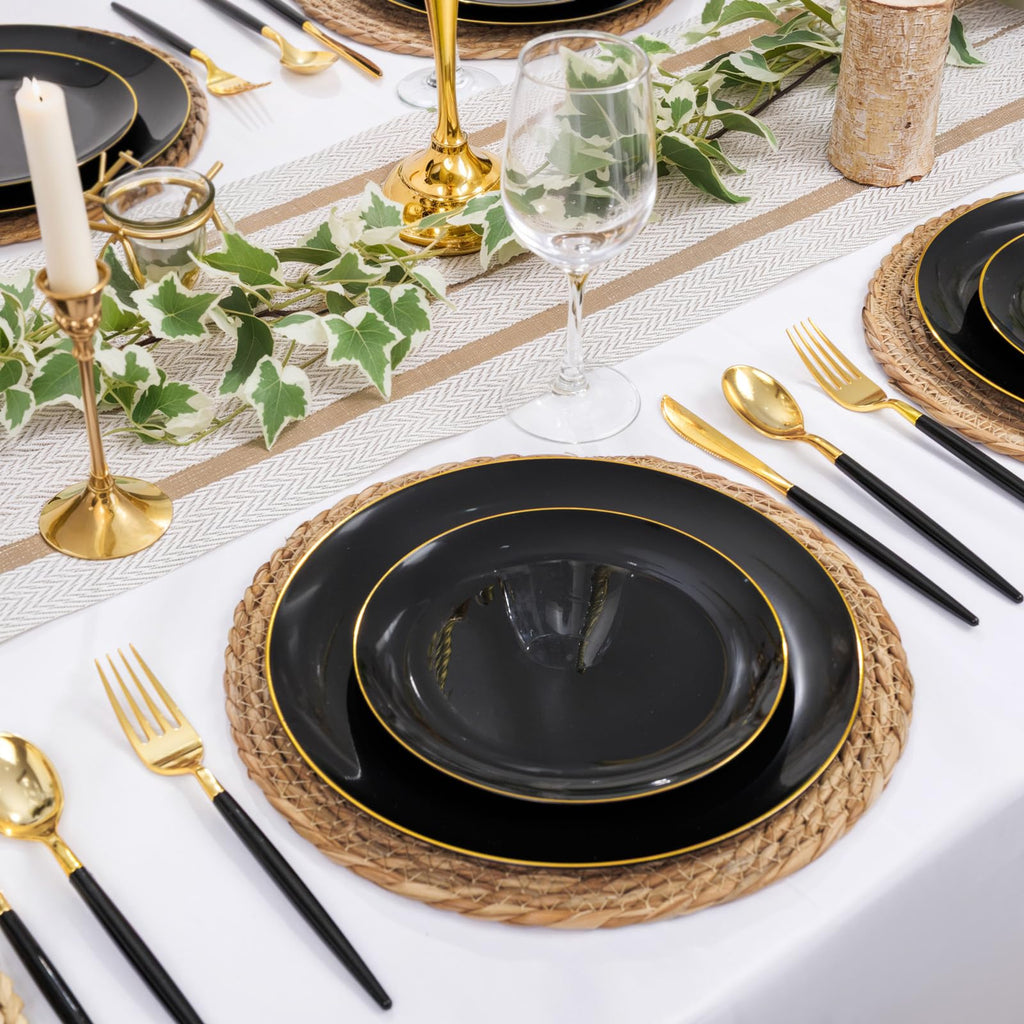 DaYammi 150Pcs Gold Plastic Plates with Disposable Silverware,White Gold Disposable Dinnerware Set - 30 Dinner Plate,30 Dessert Plate,90 Gold Cutlery with White Handles,Fancy Plates for Party Wedding