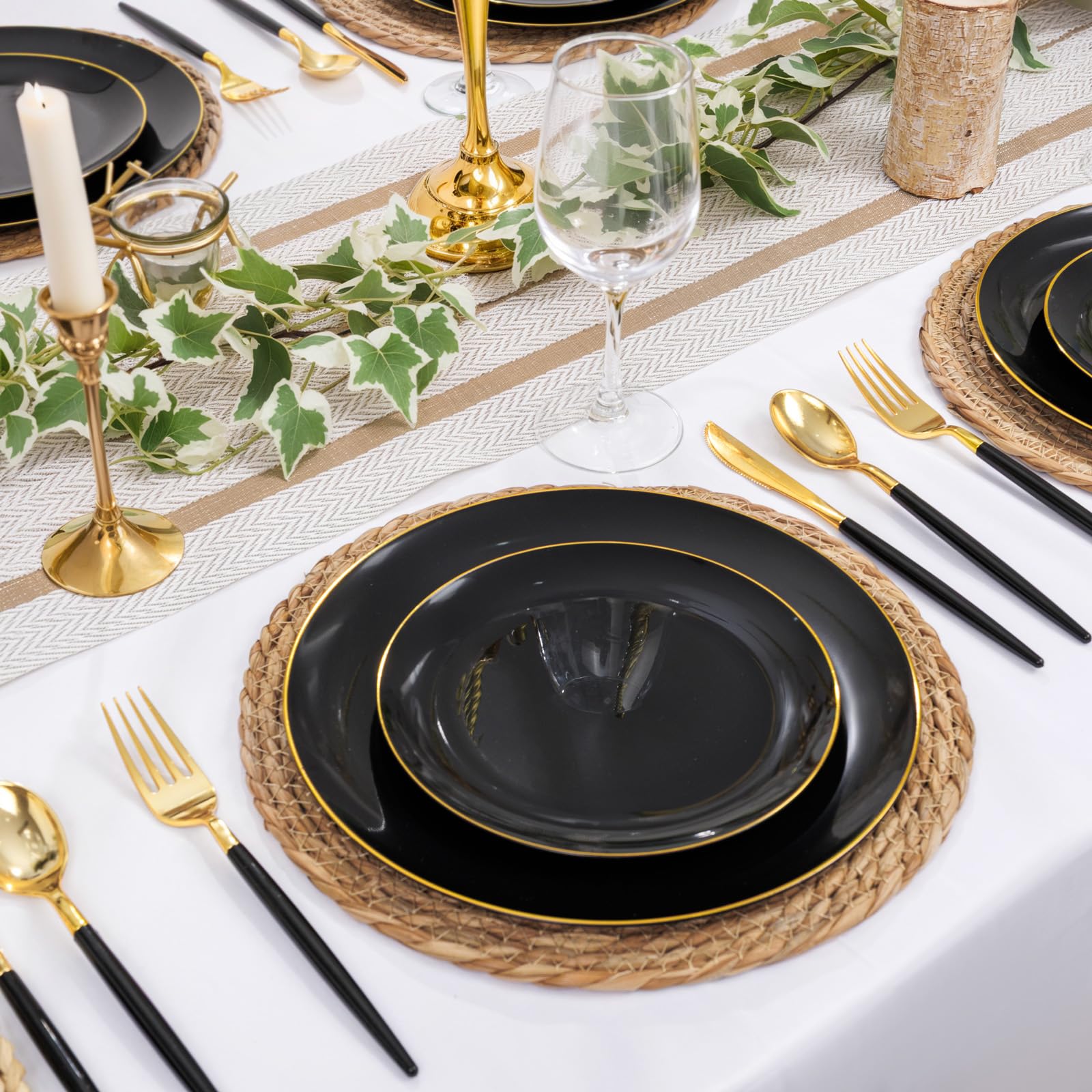 DaYammi 150Pcs Gold Plastic Plates with Disposable Silverware,White Gold Disposable Dinnerware Set - 30 Dinner Plate,30 Dessert Plate,90 Gold Cutlery with White Handles,Fancy Plates for Party Wedding
