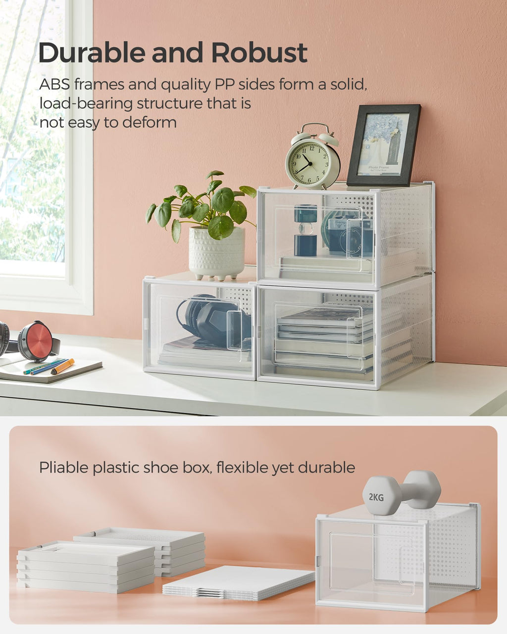 SONGMICS Shoe Boxes, Pack of 12 Shoe Storage Organizers, Stackable Clear Plastic Boxes for Closet, Sneakers, 13.1 x 9.1 x 5.6 Inches, Transparent and White ULSP12SWT