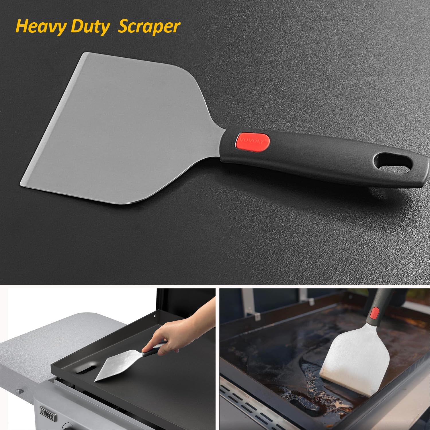 Wide Griddle Scraper, 4.3“x4.3'' Smashed Burger Scraper Grill Scraper Spatula Burger Turner - Full Tang Silicon Handle Professional Grade Grill Accessories, Knife Grade Stainless Steel