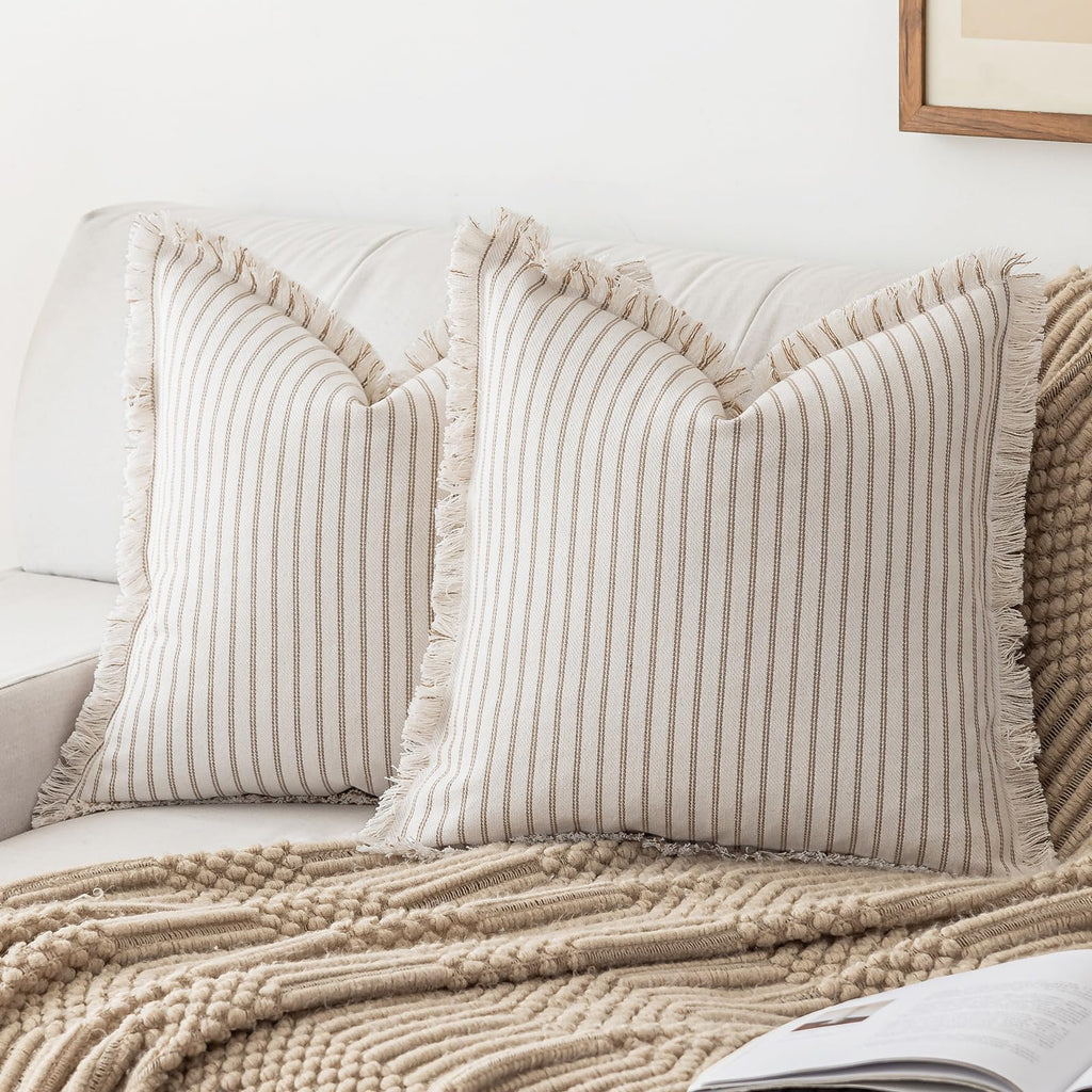 YEENAASY Throw Pillow Covers 20x20 Set of 2 Striped Fringe Pillow Cover Farmhouse Cushion Covers with Tassel Neutral Boho Pillows Decorative Square Pillowcase for Couch Sofa Bed, Black