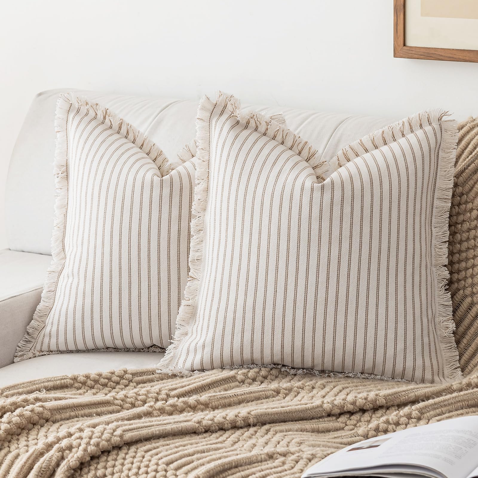 YEENAASY Throw Pillow Covers 20x20 Set of 2 Striped Fringe Pillow Cover Farmhouse Cushion Covers with Tassel Neutral Boho Pillows Decorative Square Pillowcase for Couch Sofa Bed, Black