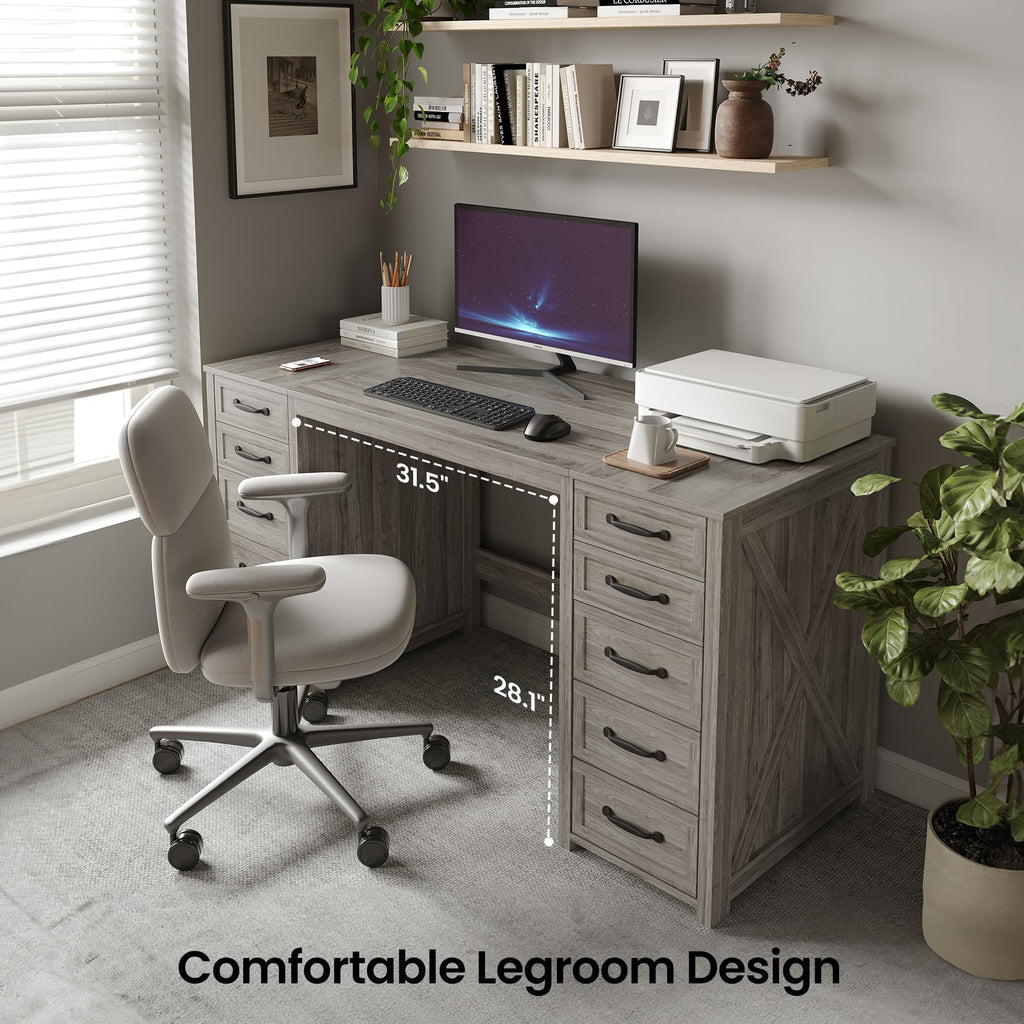 WOPITUES 60" Boho Home Office Desk with 10 Wooden Drawers, Rattan Computer Writing Desk with Power Outlets, Large Executive Desk with Storage Cabinet for Work Study Writing Craft, Black & Brown