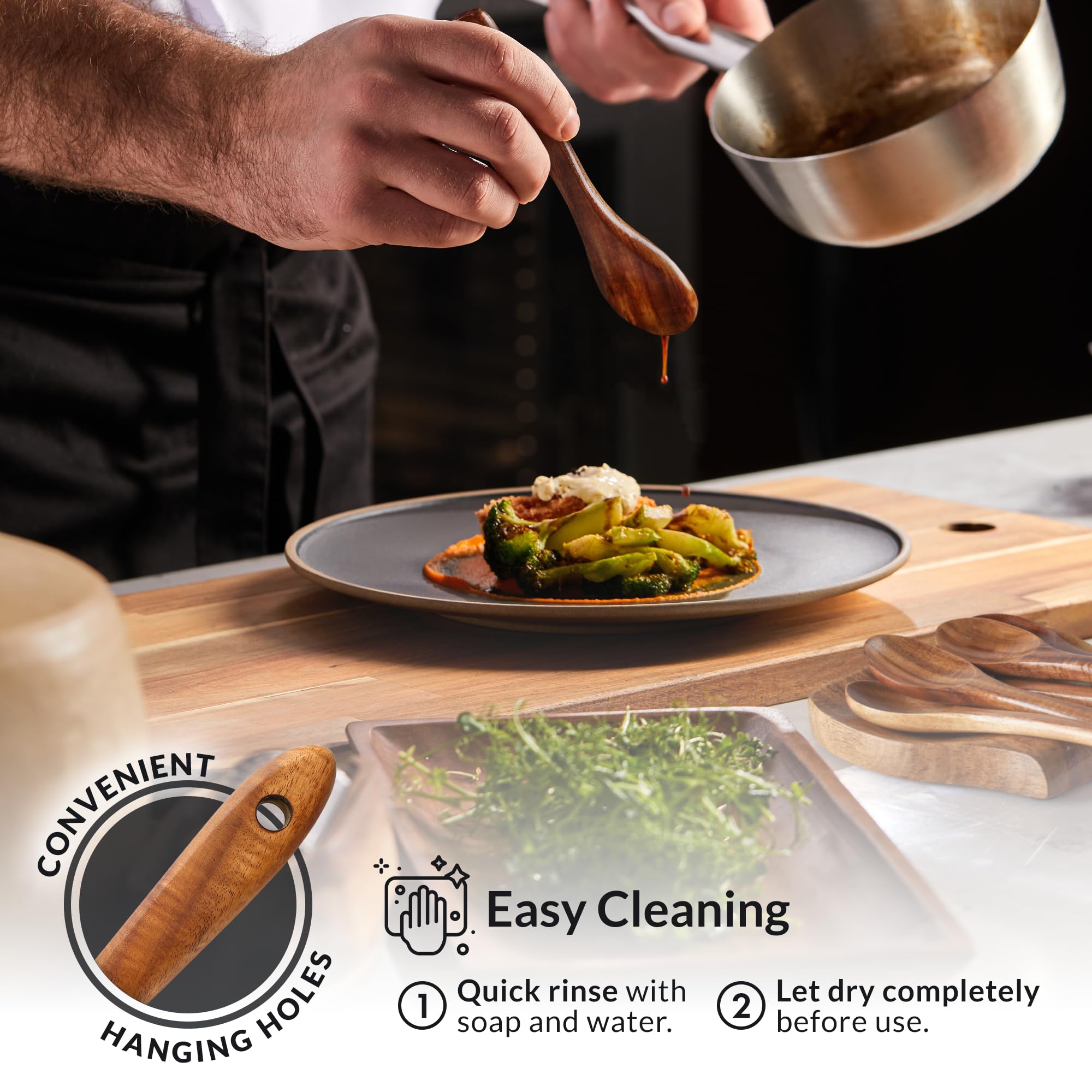 Zulay Kitchen 6 Piece Wooden Spoons for Cooking – Natural Teak Wooden Utensil Set, Easy to Clean, Durable, Smooth with Comfort Grip - Non Toxic Wooden Cooking Utensil Sets