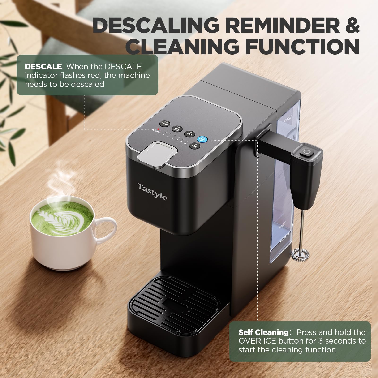 Tastyle 330MF Single Serve Coffee Maker with Built-in Detachable Milk Frother, Iced and Hot Coffee Machine for K Cup & Grounds, 40oz Removable Water Reservoir, 6 Cup Sizes, Fits 7.3" Travel Mug, Black