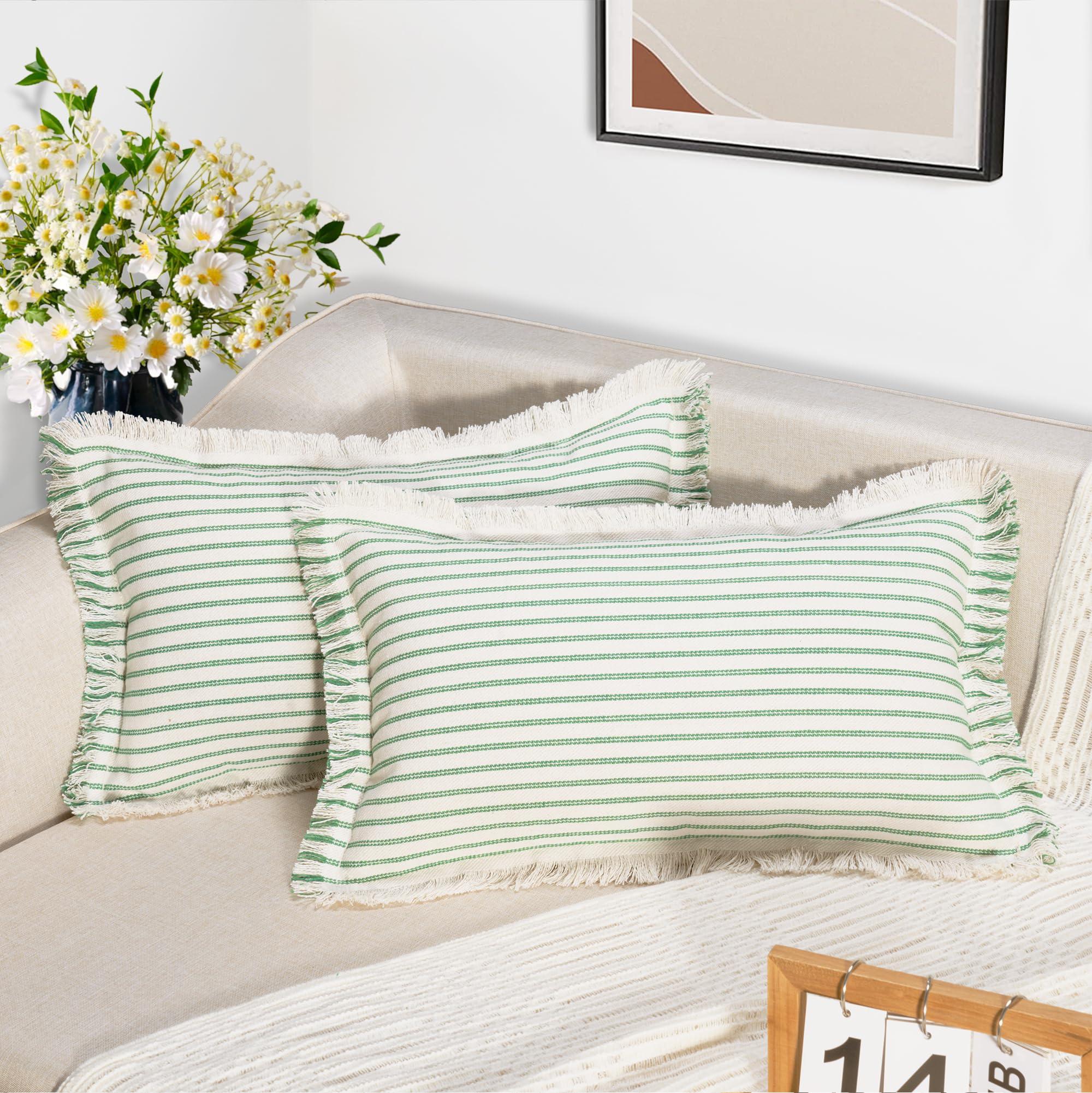 ZWJD Throw Pillow Covers 20x20 Set of 2 Striped Pillow Covers with Fringe Chic Cotton Decorative Pillows Square Cushion Covers for Sofa Couch Bed Living Room Farmhouse Decor, (Gray)