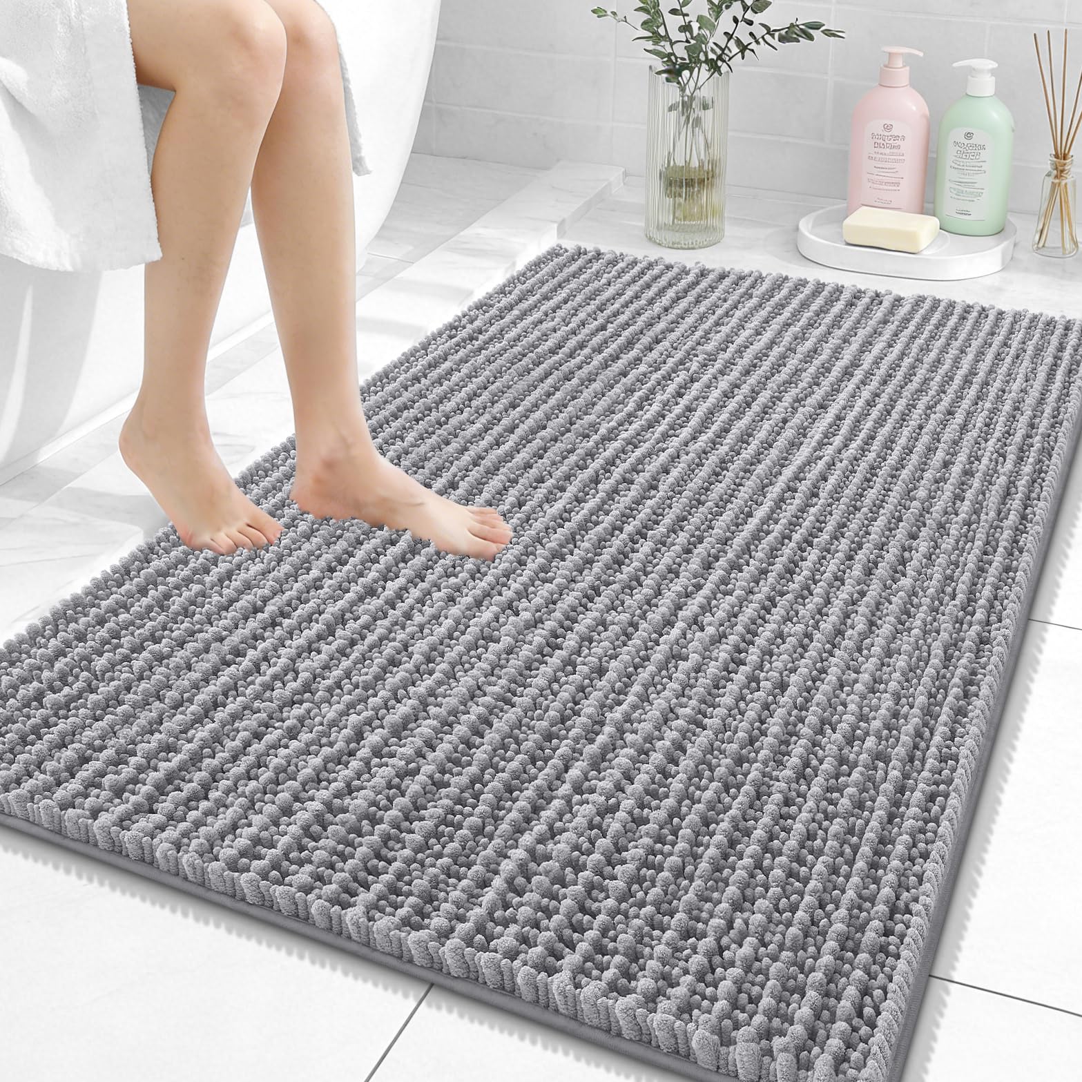 OLANLY Bathroom Rug Mat 30x20, Thick Soft and Absorbent Chenille Bath Mat, Non-Slip Rubber Backing, Machine Washable Quick Dry Bath Rugs for Tub Shower Floor, Home Decor Accessories, Grey