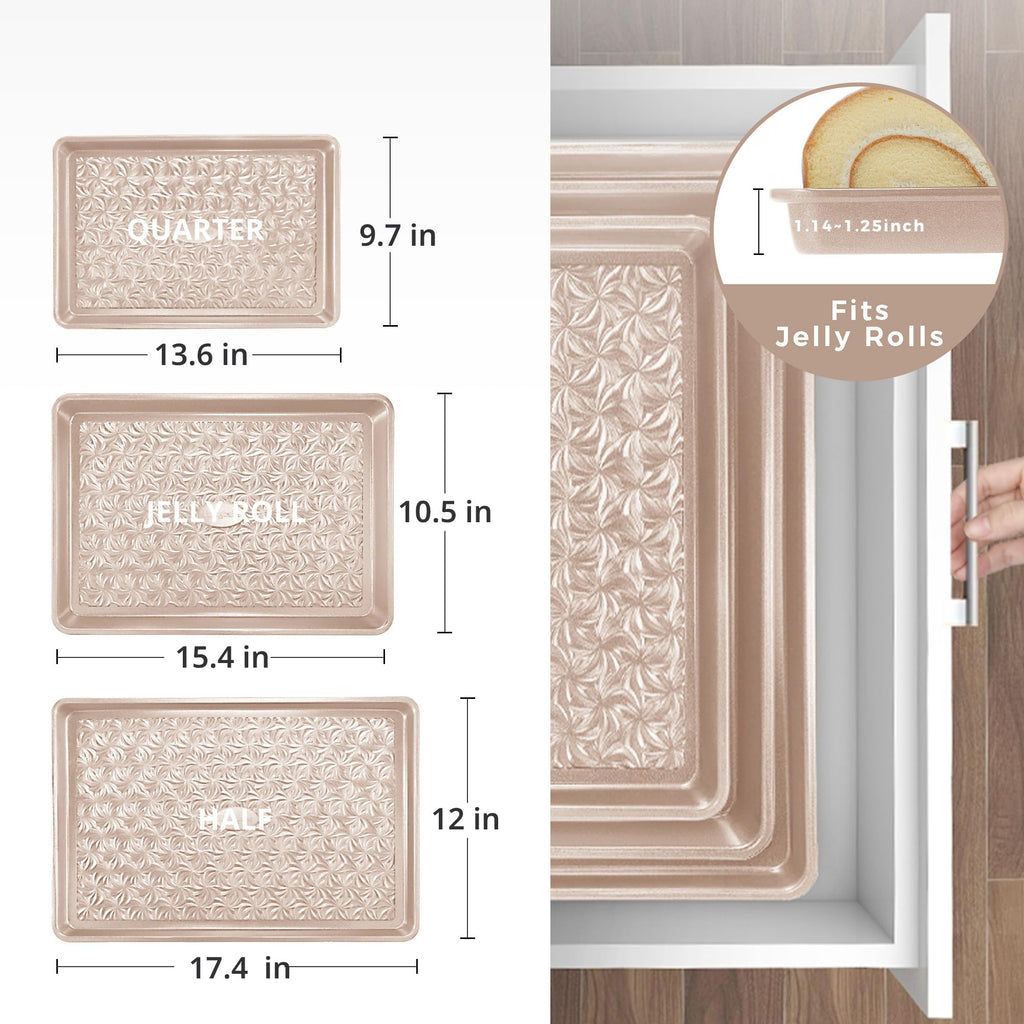 HONGBAKE Nonstick Baking Sheet Pan Set of 3, Cookie Sheets for Oven, Non-Toxic Half/Quarter/Jelly Roll Pans with Floral Swirl Texture, Heavy Duty 0.8mm Thick Oven Trays for Cooking, Dark Gray