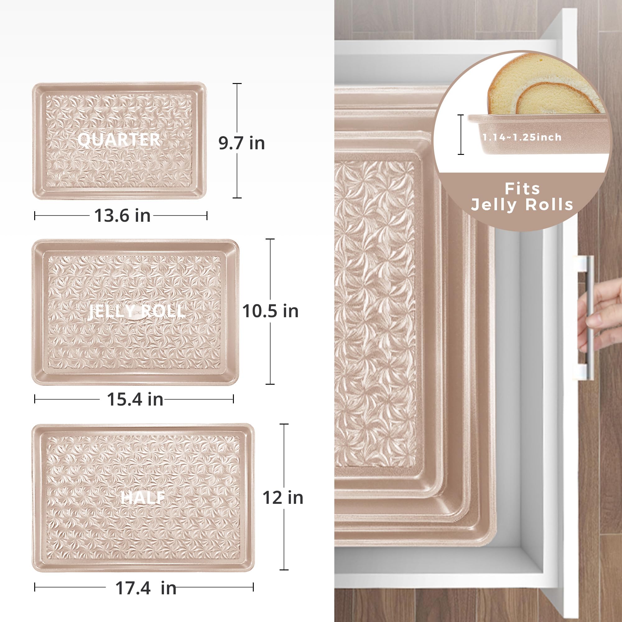 HONGBAKE Nonstick Baking Sheet Pan Set of 3, Cookie Sheets for Oven, Non-Toxic Half/Quarter/Jelly Roll Pans with Floral Swirl Texture, Heavy Duty 0.8mm Thick Oven Trays for Cooking, Dark Gray