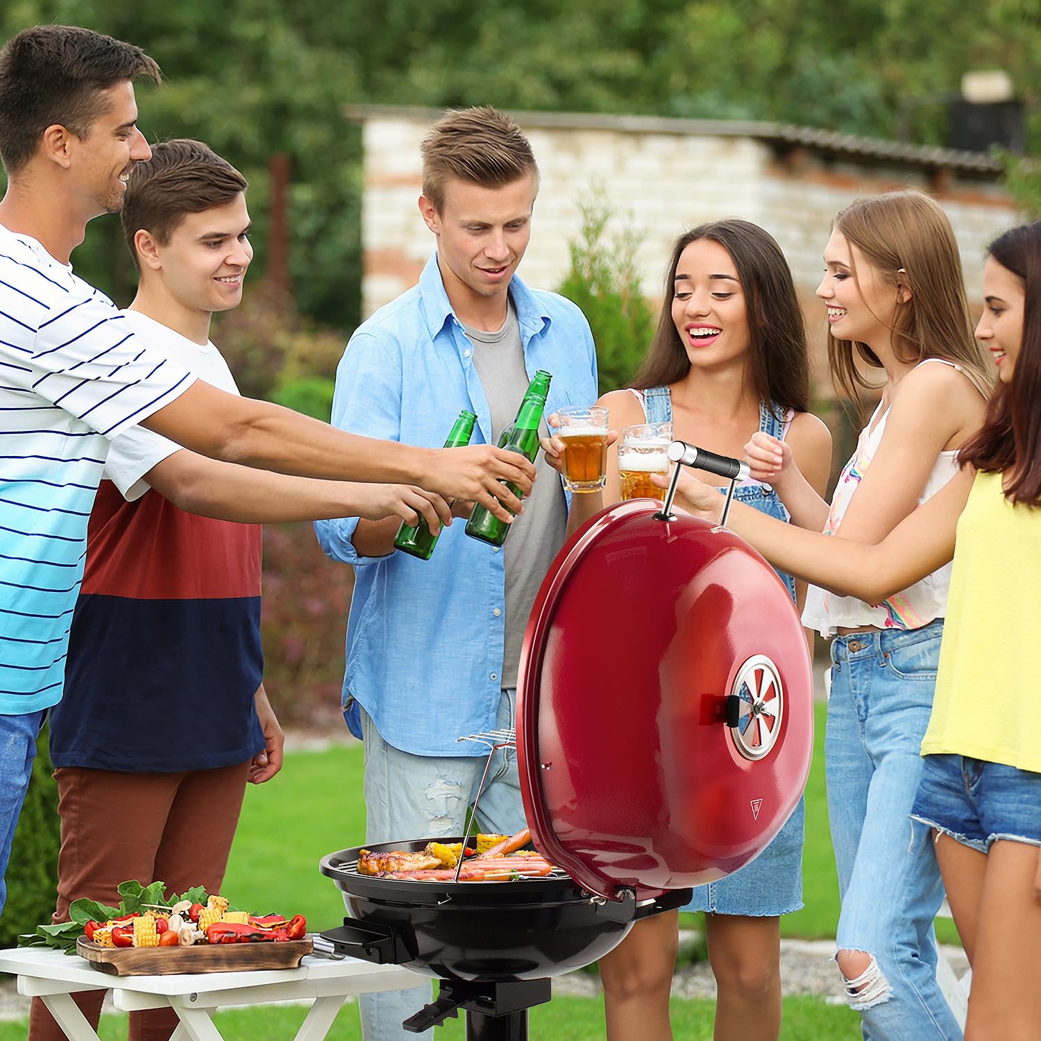 Electric Grill, Techwood Indoor/Outdoor Electric BBQ Grill, 1600W Portable Removable Stand Grill with Adjustable Heat & Drip Tray, Double Layer Design for Party, Patio & Backyard (Black)