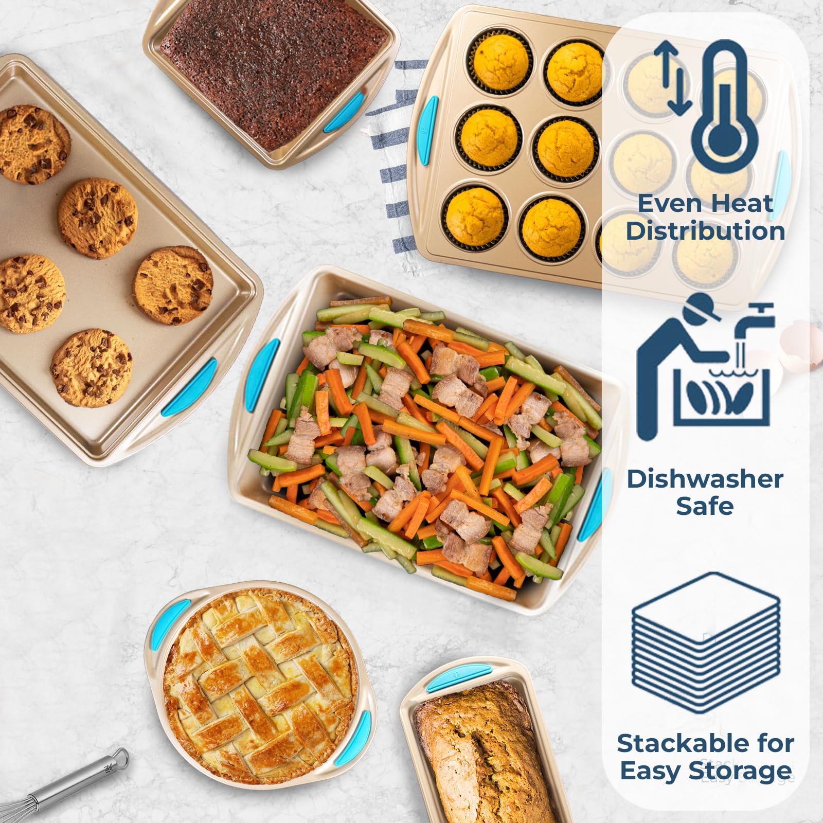 Perlli Baking Kit: Nonstick Gold Steel Oven Set - 10 Pieces, Cookie Sheets, Cake Pans, 9x13Pan with Lid, Loaf & Deep Pans, Pizza Crisper, Muffin Pan - Silicone Handles