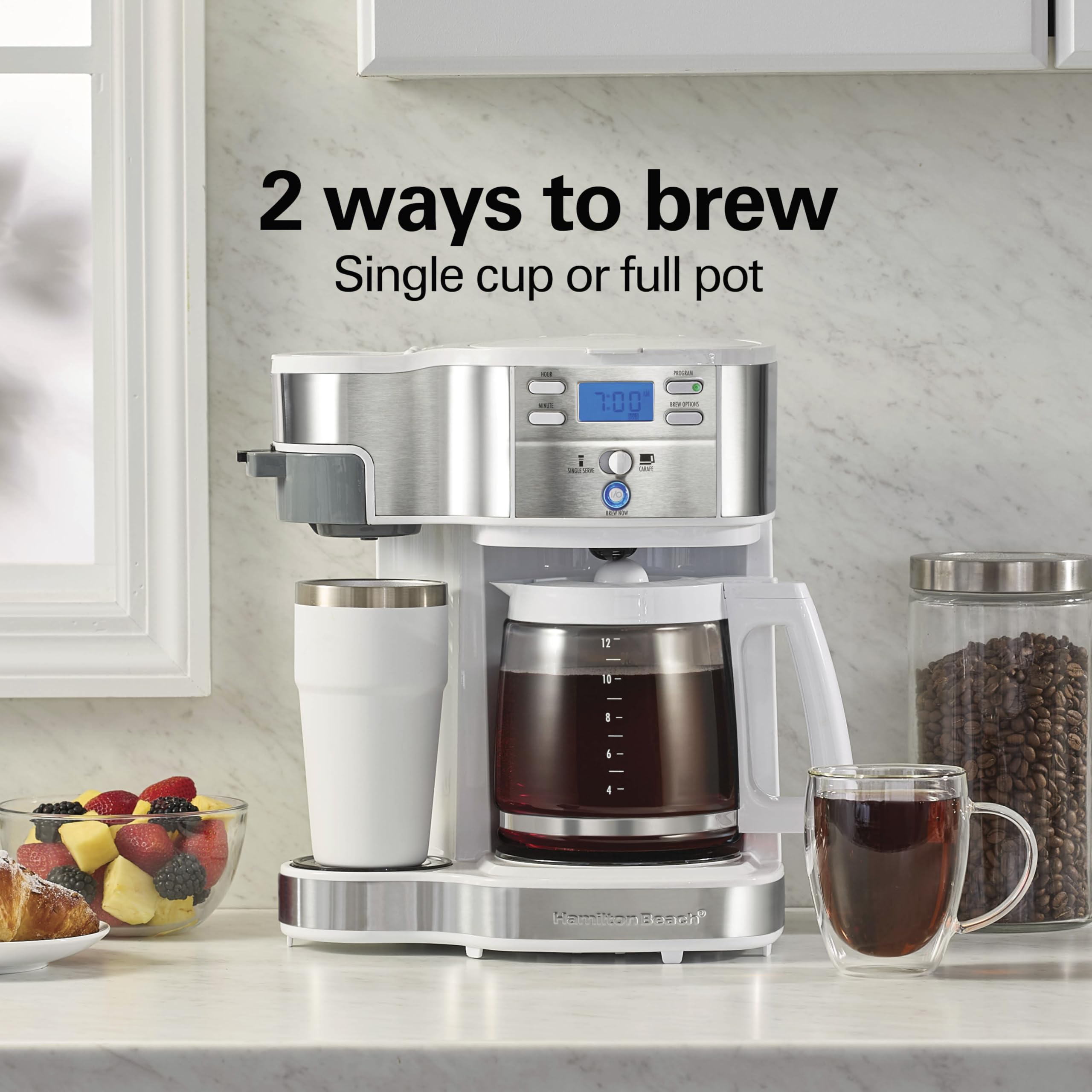 Hamilton Beach 2-Way Programmable Coffee Maker, 12 Cup Glass Carafe And Single Serve Coffee Maker, Black with Stainless Steel Accents, 49980RG