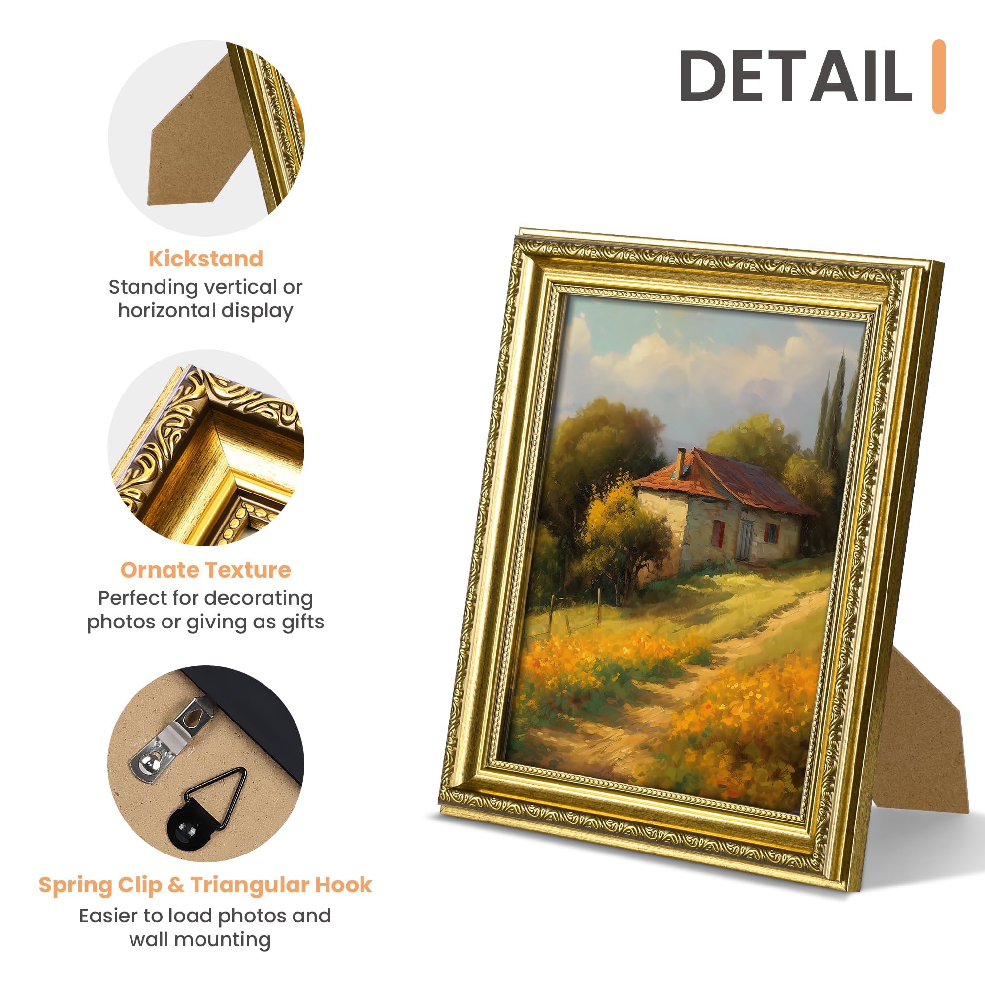upsimples 5x7 Picture Frame with Real Glass, Ornate Vintage 5 x 7 Photo Frames for Wall Decor or Tabletop Display, Gold, 2 Pack