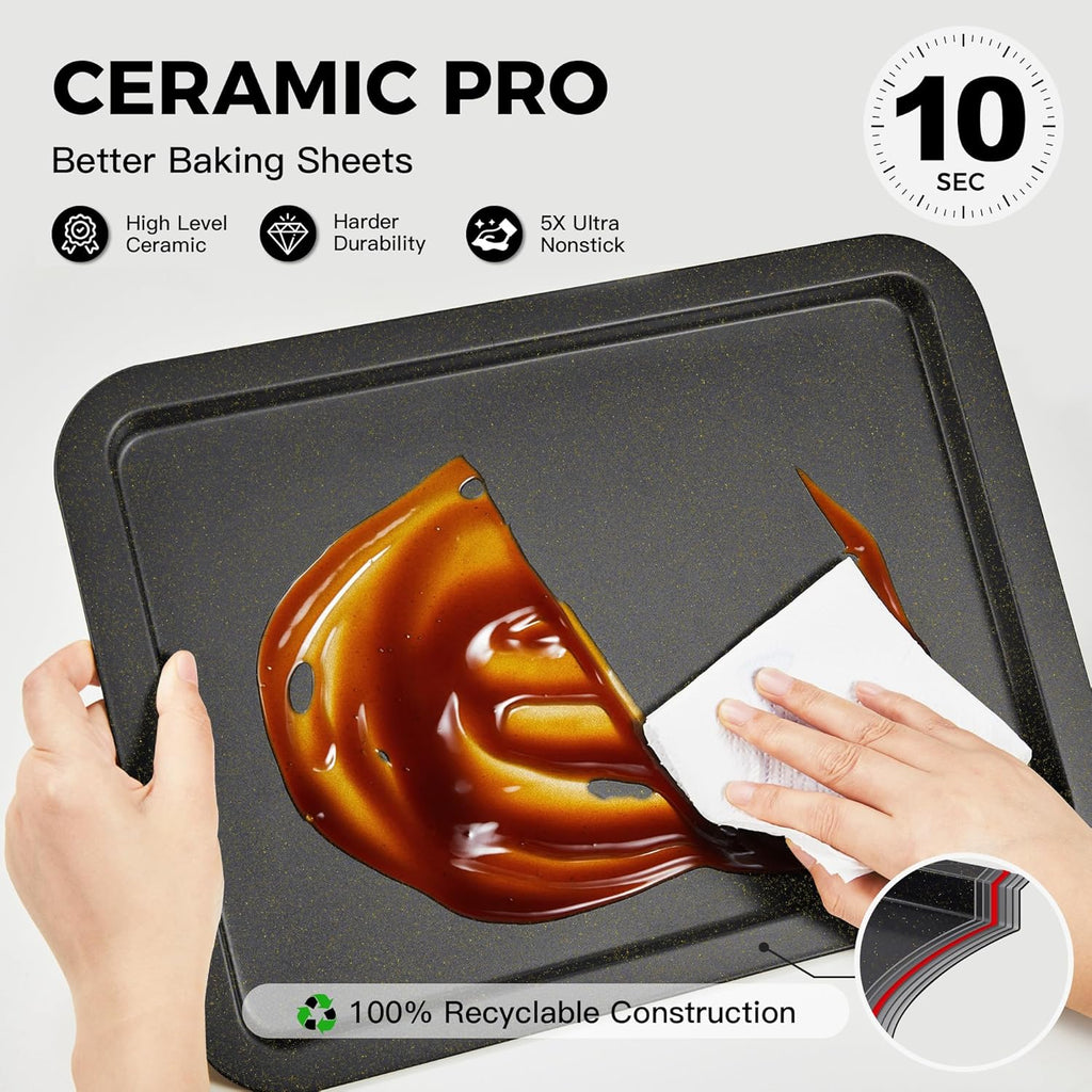 HONGBAKE Ceramic Baking Sheet Pan Set, Cookie Sheet for Oven, Bakeware Sets with Wider Grips, 3 Pack Half/Jelly Roll/Quarter Baking Tray, Premium, Dishwasher Safe - Dark Grey