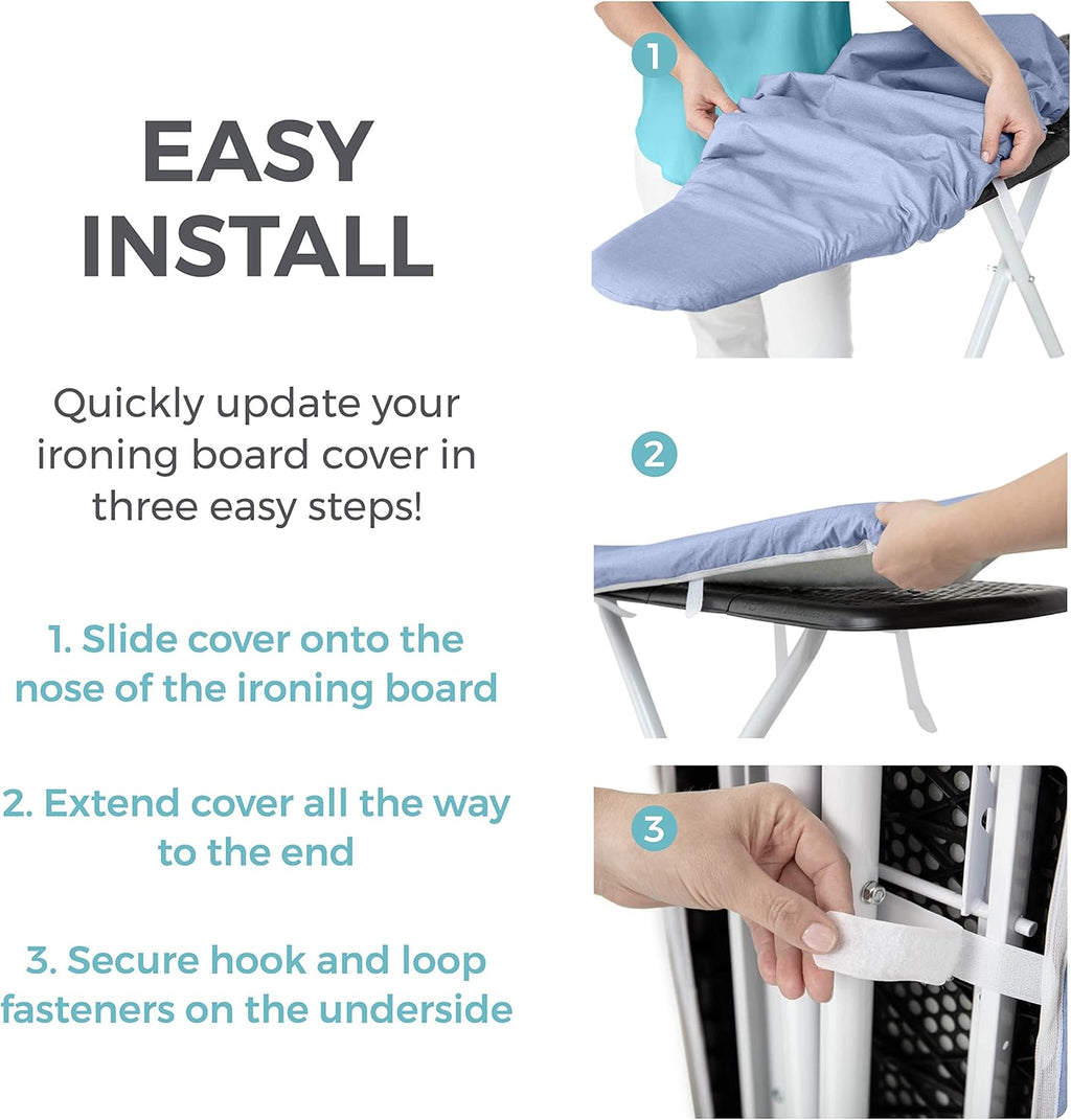 HOME GENIE Ironing Board Cover, Extra Thick Padding, Scorch Resistant Silicone Coating, 15x54 Full Size, Elastic Edge Heavy Duty Iron Pad Covers Standard Boards, Hook and Loop Fastener Strap, Blue
