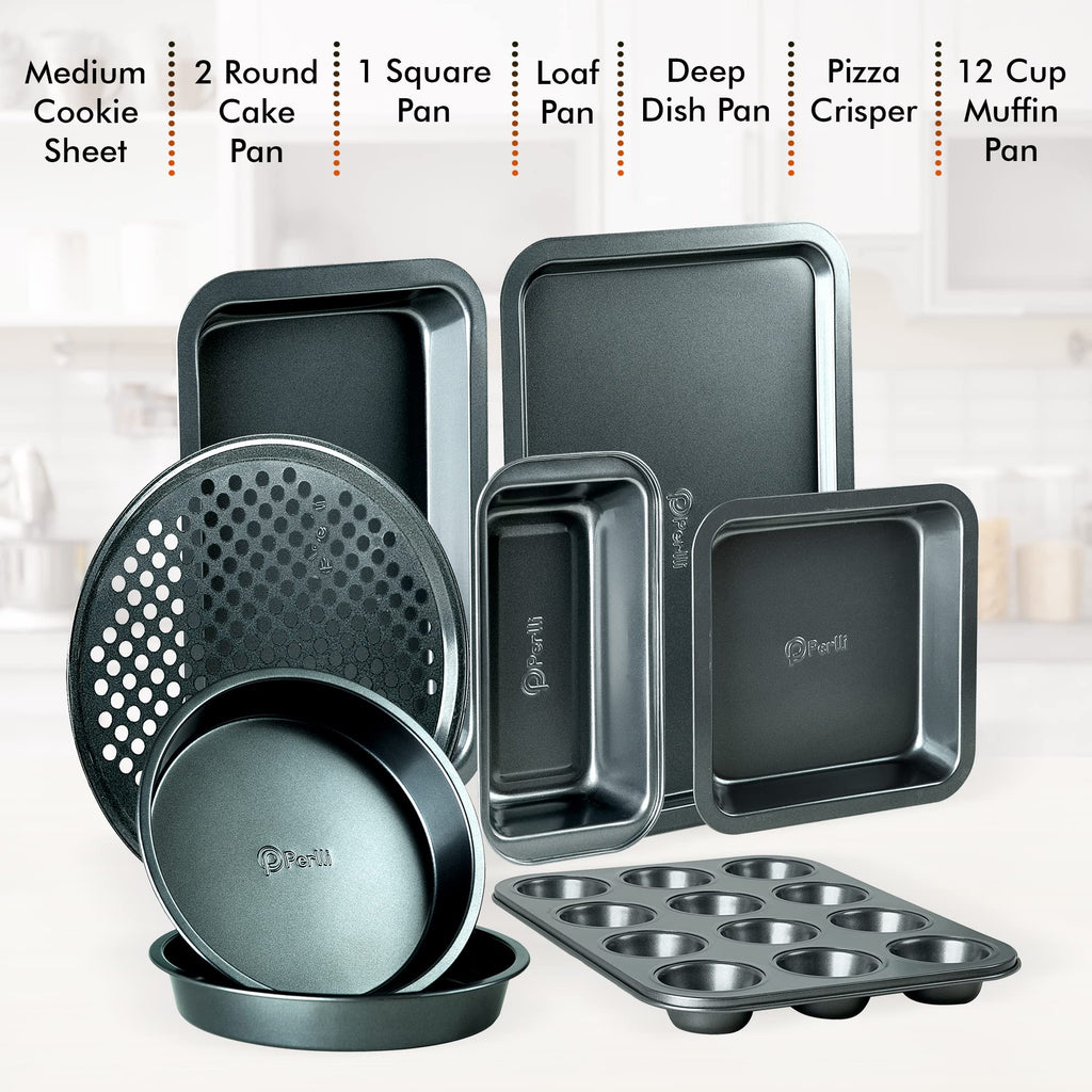 PERLLI Non-Stick 10-Piece Bakeware Set – Carbon Steel with Even Heat Distribution, Oven Safe to 446°F, BPA-Free, Dishwasher Safe, Stackable Baking Tools for Easy Storage and Everyday Cooking - Gray