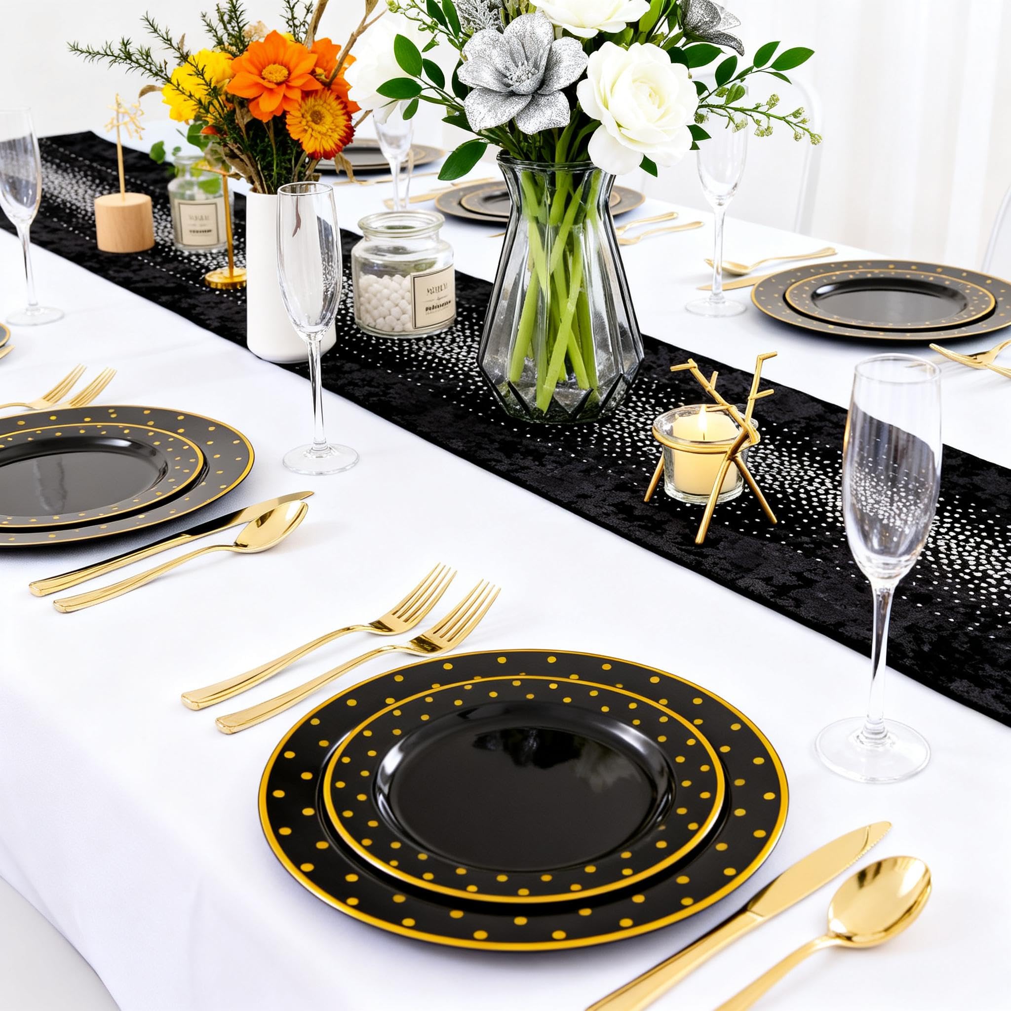 DaYammi 150Pcs Gold Plastic Plates with Disposable Silverware,White Gold Disposable Dinnerware Set - 30 Dinner Plate,30 Dessert Plate,90 Gold Cutlery with White Handles,Fancy Plates for Party Wedding