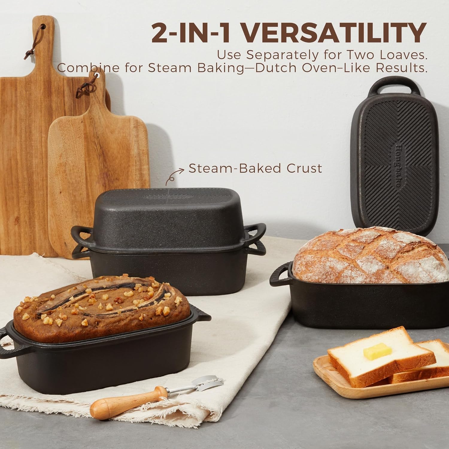 HONGBAKE Everline Collection 2 in 1 Cast Iron Loaf Pan with Lid, 9x5 Bread Pans for Homemade Bread, Pre-Seasoned Nonstick Sourdough Baking Pan, Even Heating Loaf Dutch Oven, Banana Bread Tins