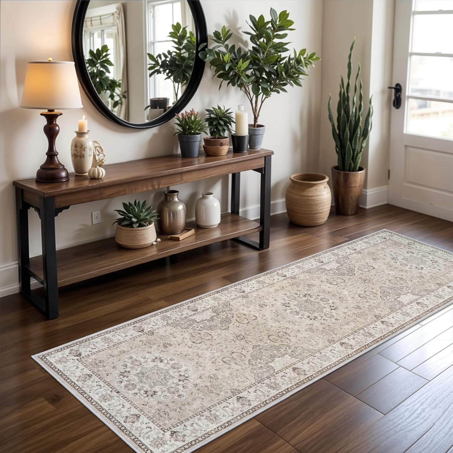 Washable 2x3 Entryway Area Rug - Neutral Kitchen Rug Runner Vintage Soft Floor Mat Non Slip Indoor Farmhouse Carpet for Bathroom Living Room Bedroom (2 X 3, Beige)