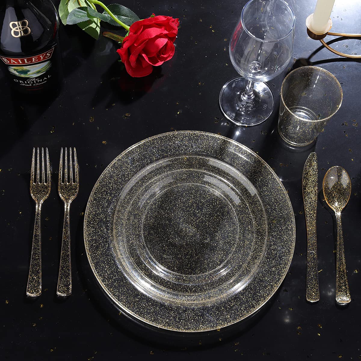 WELLIFE 600 PCS Silver Disposable Dinnerware Set for 100 Guests, Wedding Reception Plates & Silver Plastic Tableware, Dinner & Salad Plates, Cups, Forks, Knives & Spoons for Weddings & Elegant Events