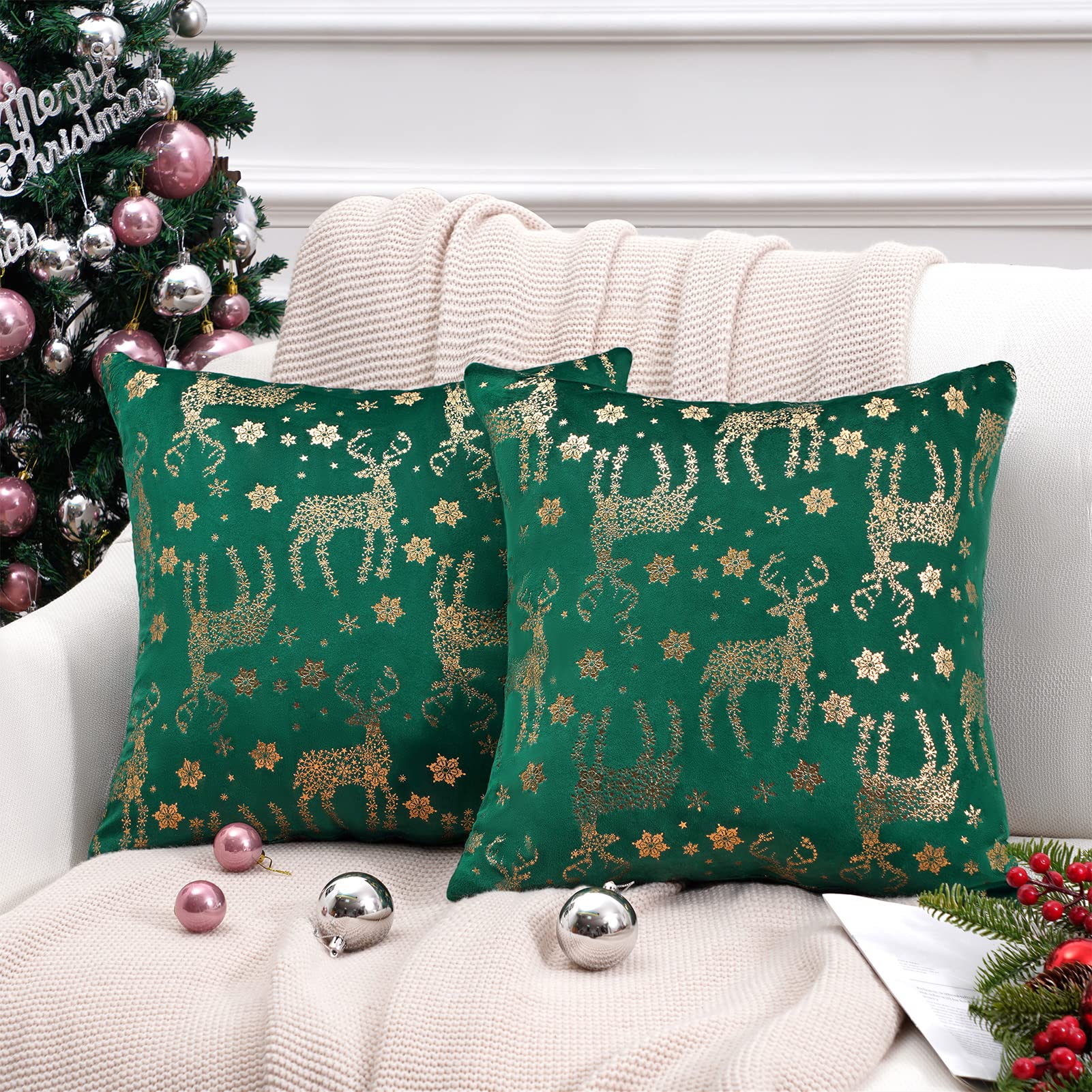 Topfinel Christmas Pillow Covers 18x18 Set of 2,Xmas Cream Velvet Snowflake Reindeer Decorative Pillow Case Winter Holiday Decor for Home Couch,White and Gold