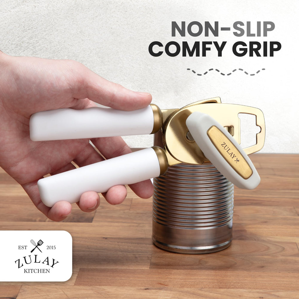 Zulay Kitchen COMFY™ Can Opener Manual with Bottle Opener - Rust Proof Stainless Steel Manual Can Opener With Turn Knob & Comfy Soft Grip Handles - Black