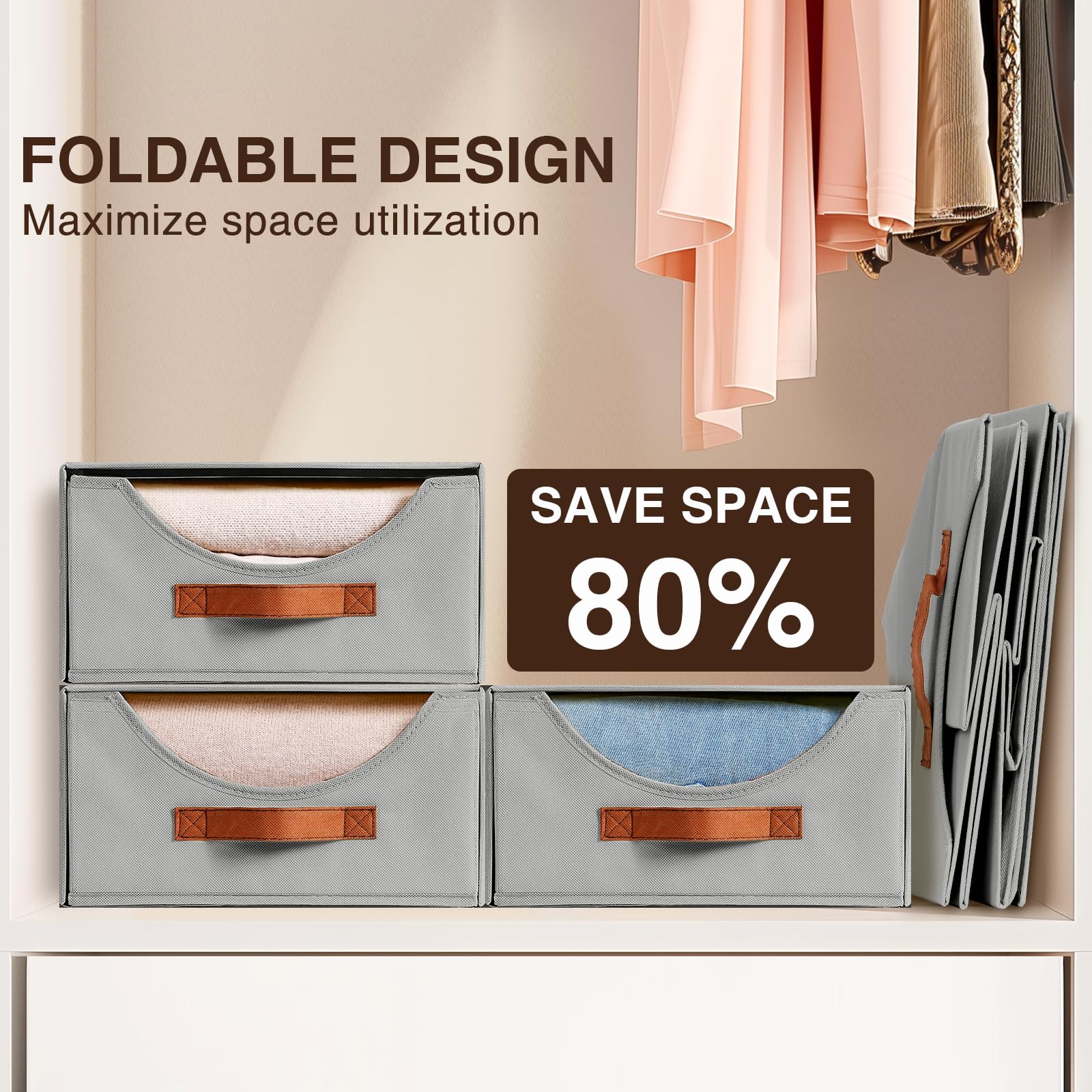 Homsorout Stackable Storage Drawers - Collapsible Storage Bins with Drawers, 4 Pack Closet Shelf Organizer Basket, Fabric Pull Out Organizer for Bedroom, Living Room, Dorm, Beige