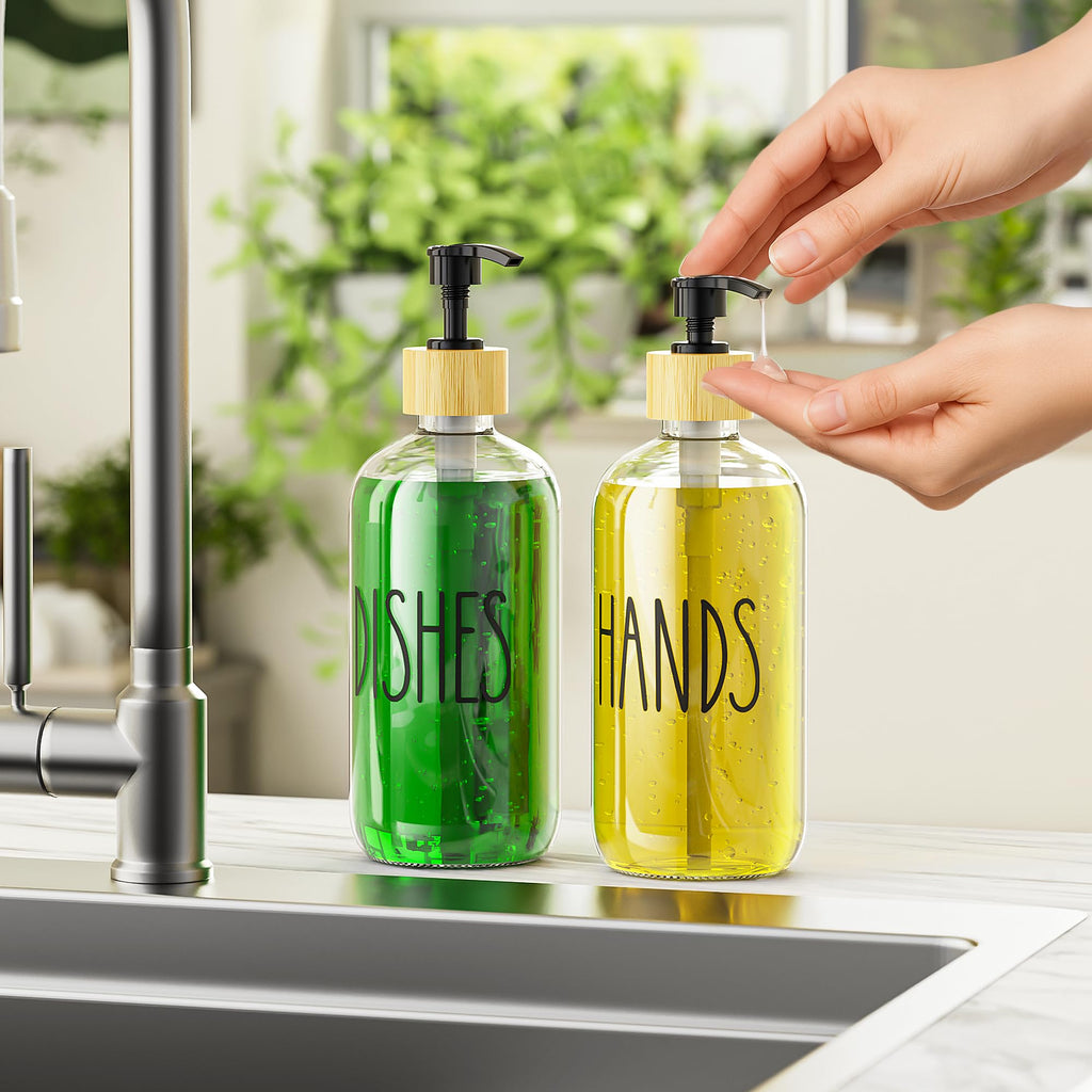 Cisily Kitchen Dish Soap Dispenser Set with 2 Pack 16.9oz Amber Glass Bottle and Sponge Holder, Dish Soap Dispensers with Adjustable Sponge Holder, Vintage Hand and Dish Soap Dispensers Set