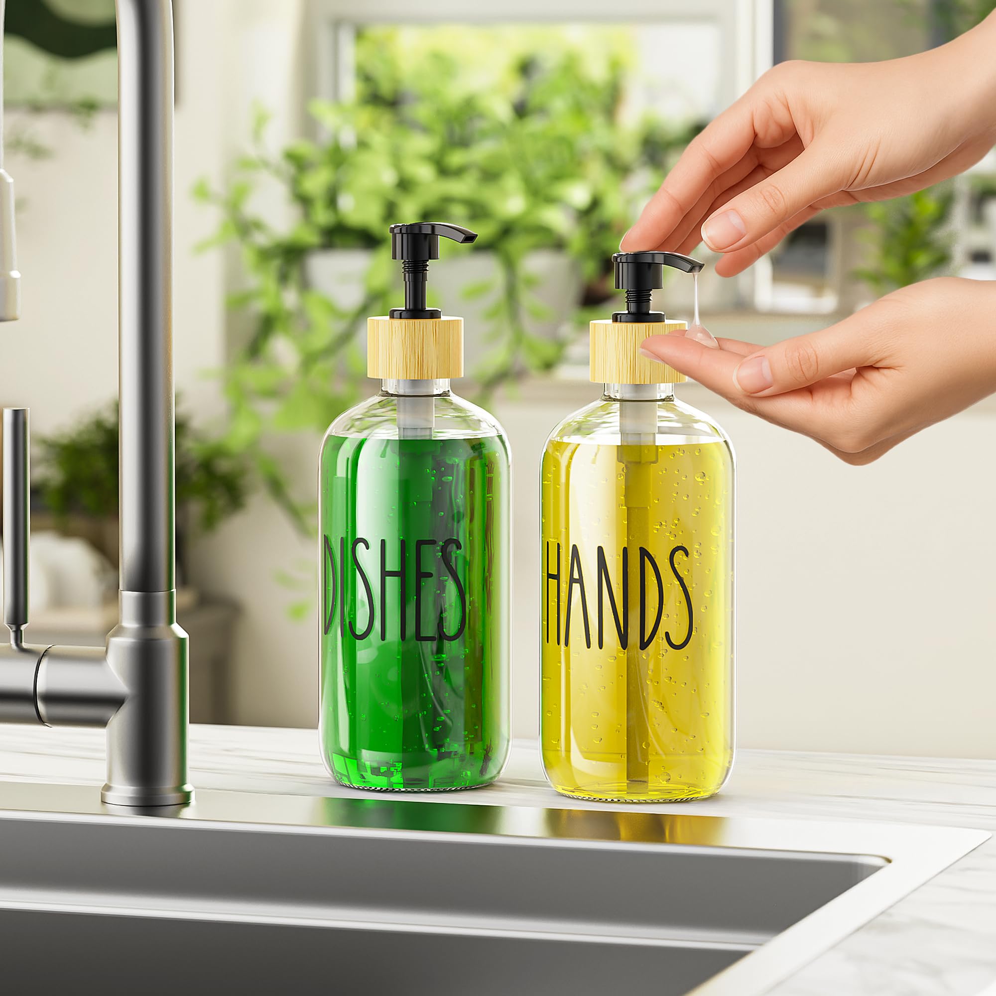 Cisily Kitchen Dish Soap Dispenser Set with 2 Pack 16.9oz Amber Glass Bottle and Sponge Holder, Dish Soap Dispensers with Adjustable Sponge Holder, Vintage Hand and Dish Soap Dispensers Set
