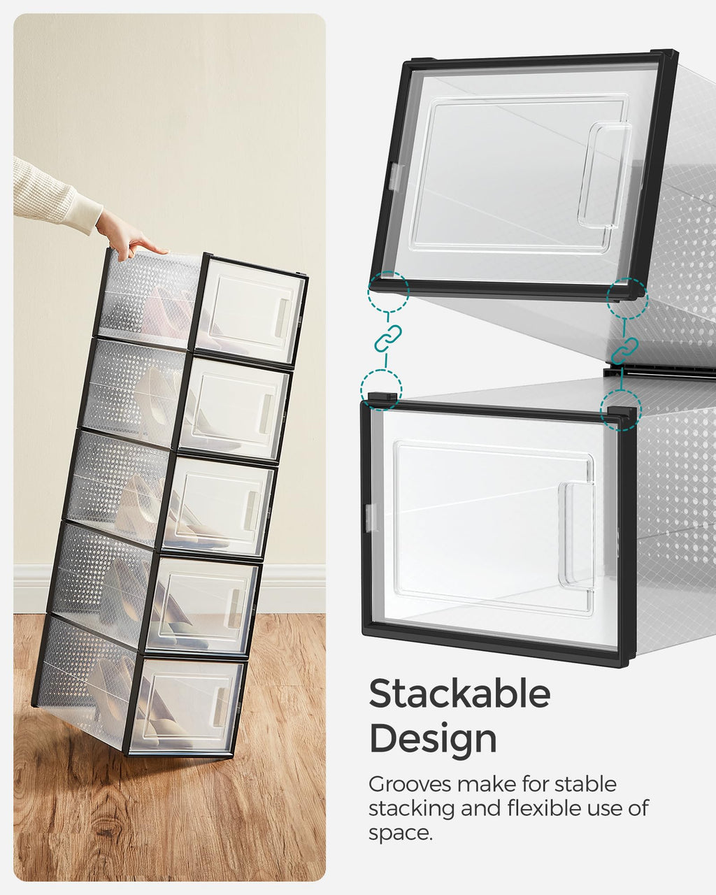SONGMICS Shoe Boxes, Pack of 12 Shoe Storage Organizers, Stackable Clear Plastic Boxes for Closet, Sneakers, 13.1 x 9.1 x 5.6 Inches, Transparent and White ULSP12SWT
