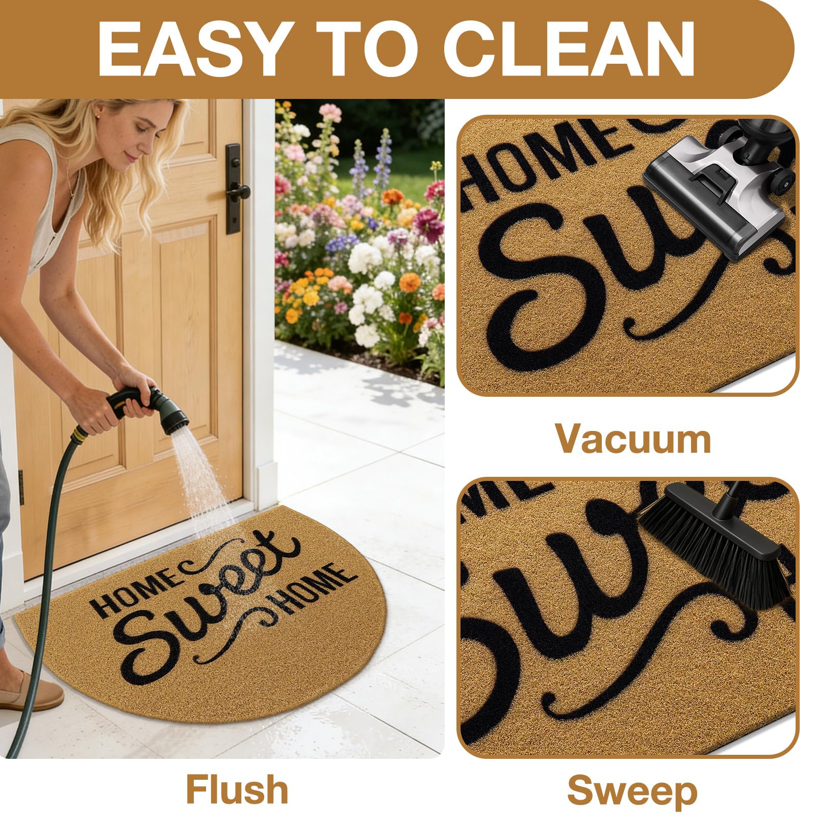 OLANLY Front Door Mat, Low Profile Doormat, Stain and Fade Resistant, Easy to Clean, for Indoor and Outdoor Entrances, Patio Porch or Entryway, Brown (30x17 Inch, Home Sweet Home)