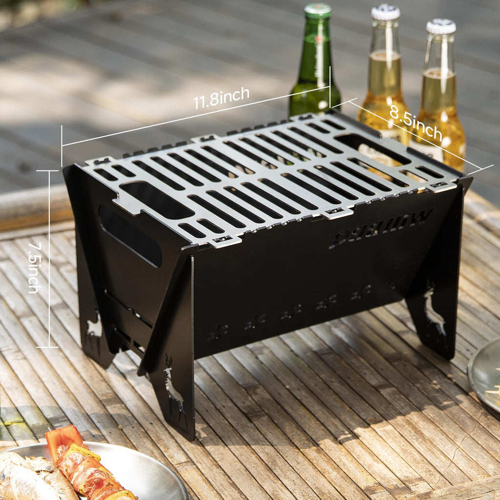 WILLBBQ Charcoal Grills Quality Portable Detachable Folding,Skewers Campfire Grill,Hibachi Backpacking BBQ Grill,Easy Portability For Outdoor Barbecues Camping Picnics Garden Party(15.8x8.5x7.5 inch)
