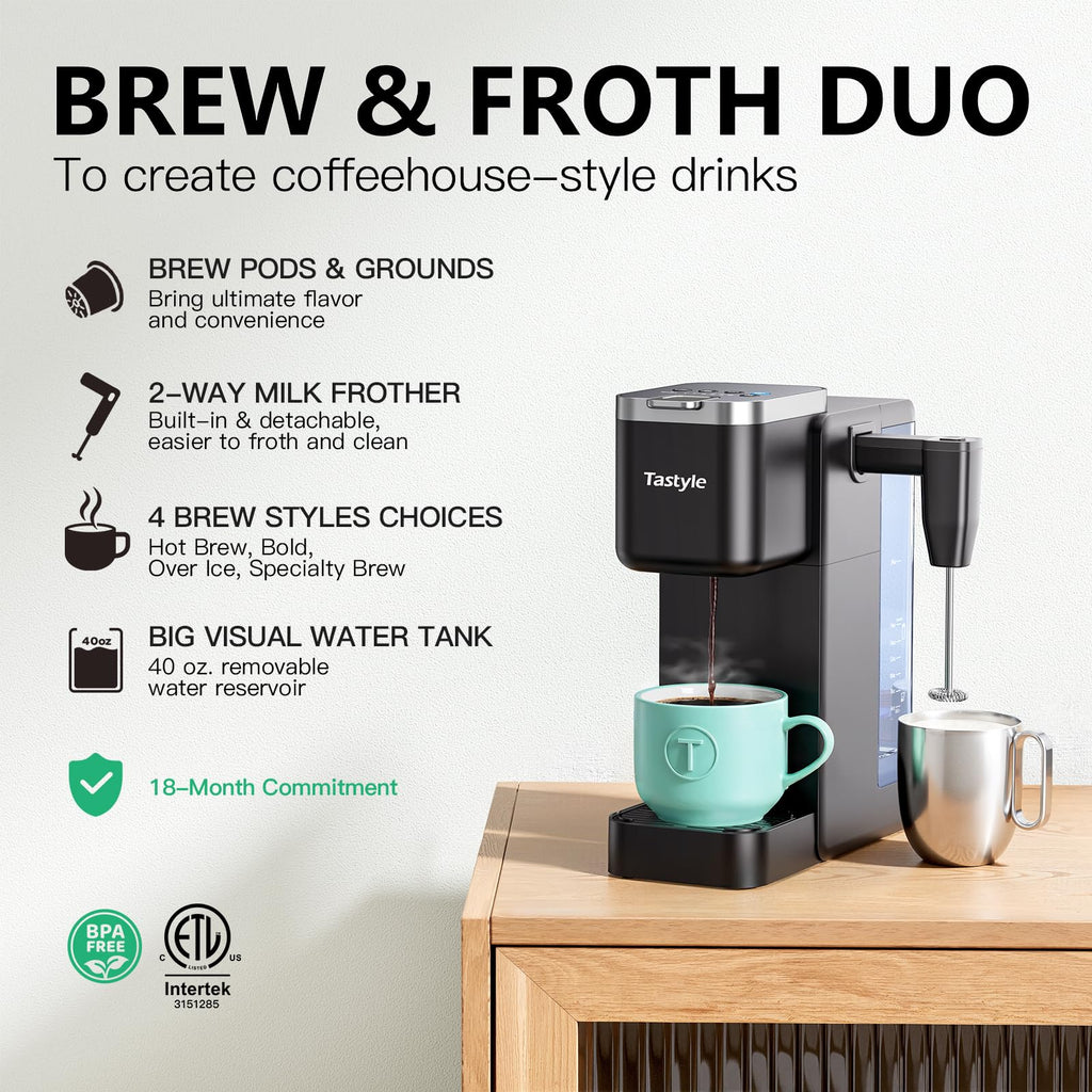 Tastyle 330MF Single Serve Coffee Maker with Built-in Detachable Milk Frother, Iced and Hot Coffee Machine for K Cup & Grounds, 40oz Removable Water Reservoir, 6 Cup Sizes, Fits 7.3" Travel Mug, Black