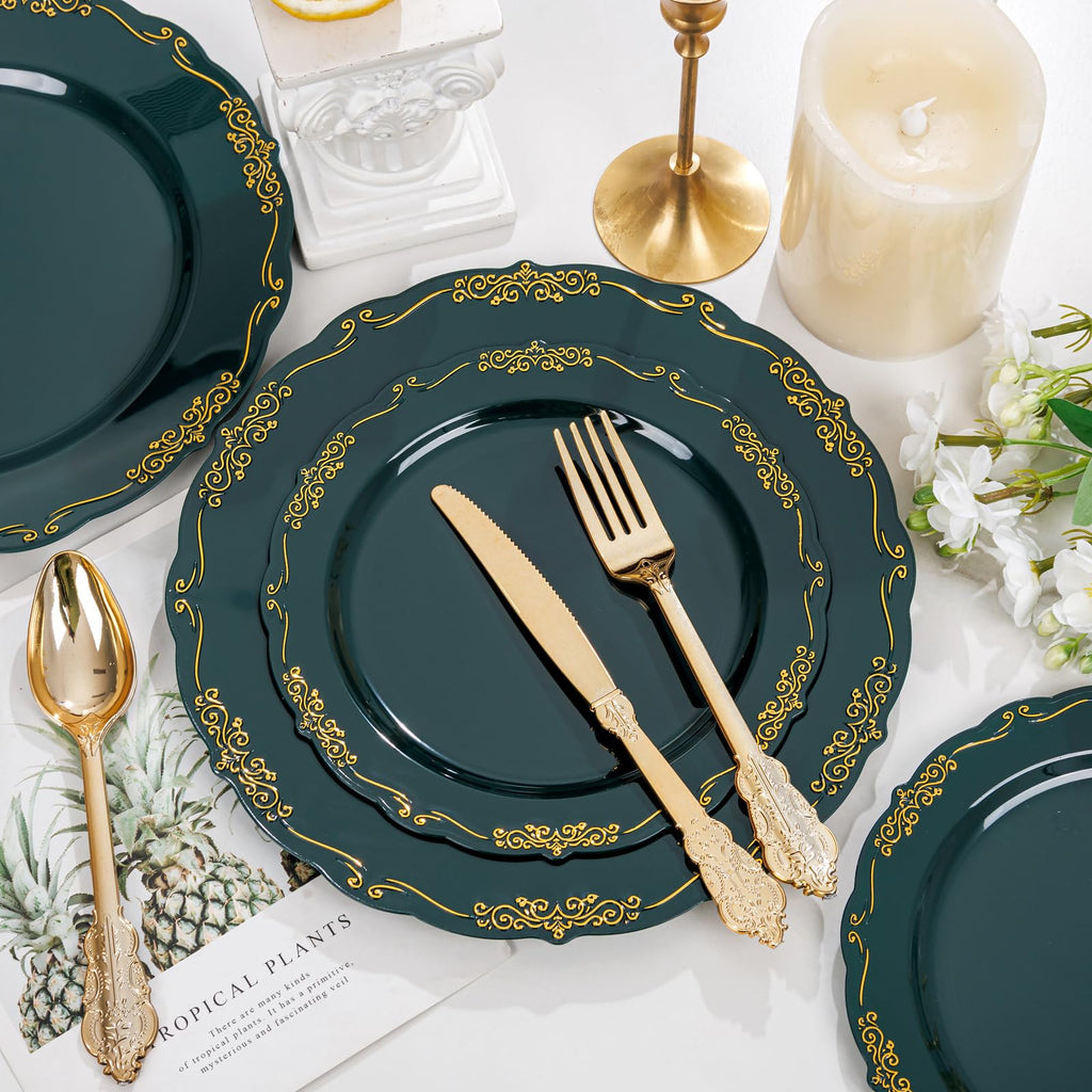 DaYammi 150Pcs Ivory Plastic Plates with Gold Rim,Disposable Plastic Plates Include 30 Dinner Plate,30 Salad Plate,30 Forks,30 Spoons,30 Knives,Ivory and Gold Plates for Party,Wedding,Mother's Day
